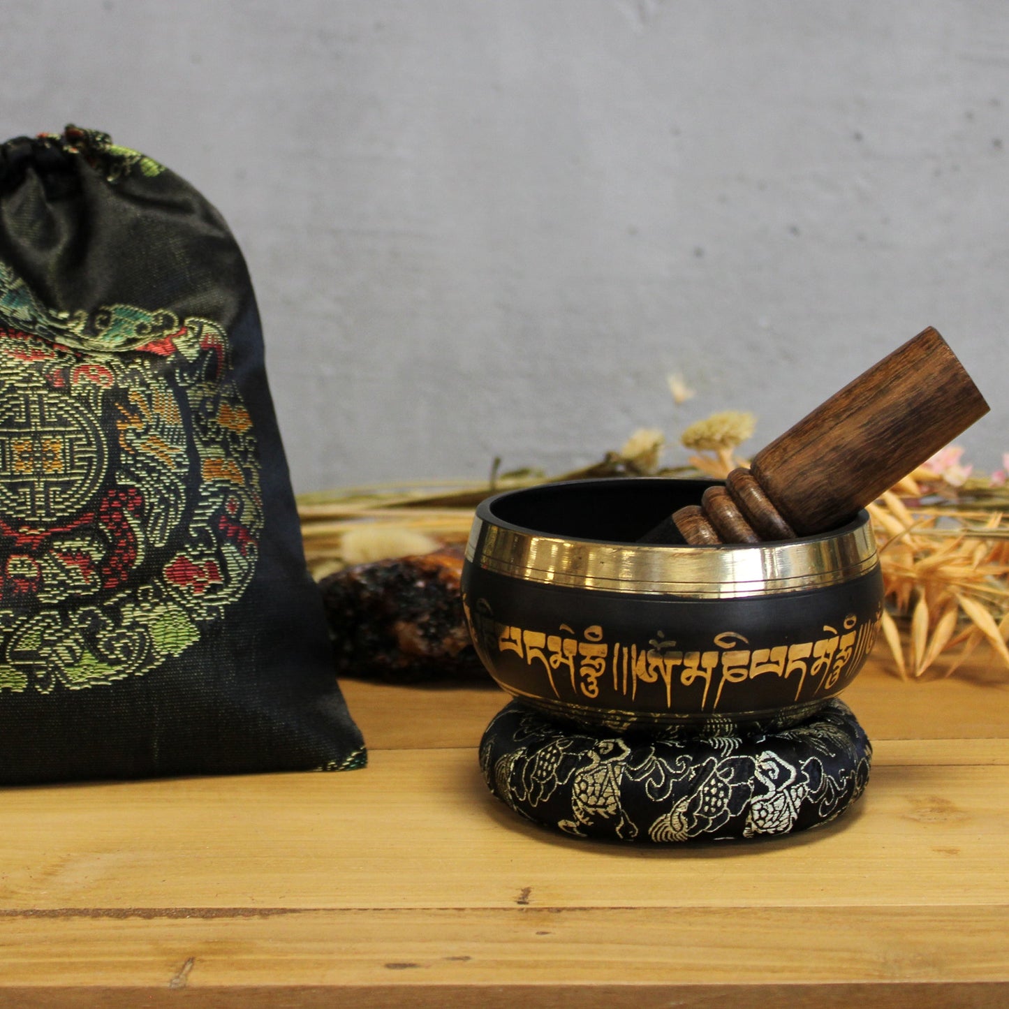 9cm Authentic Brass Singing Bowl Set - Lotus Flower product packaging on clean background from Quintessential Holistic Health Ltd