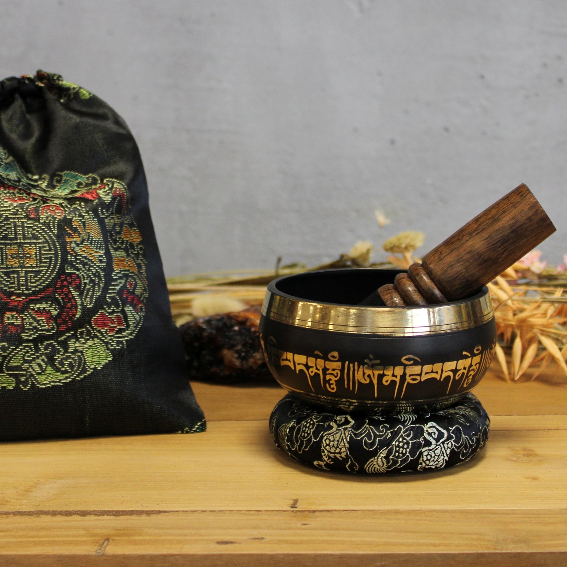 9cm Authentic Brass Singing Bowl Set - Lotus Flower product packaging on clean background from Quintessential Holistic Health Ltd
