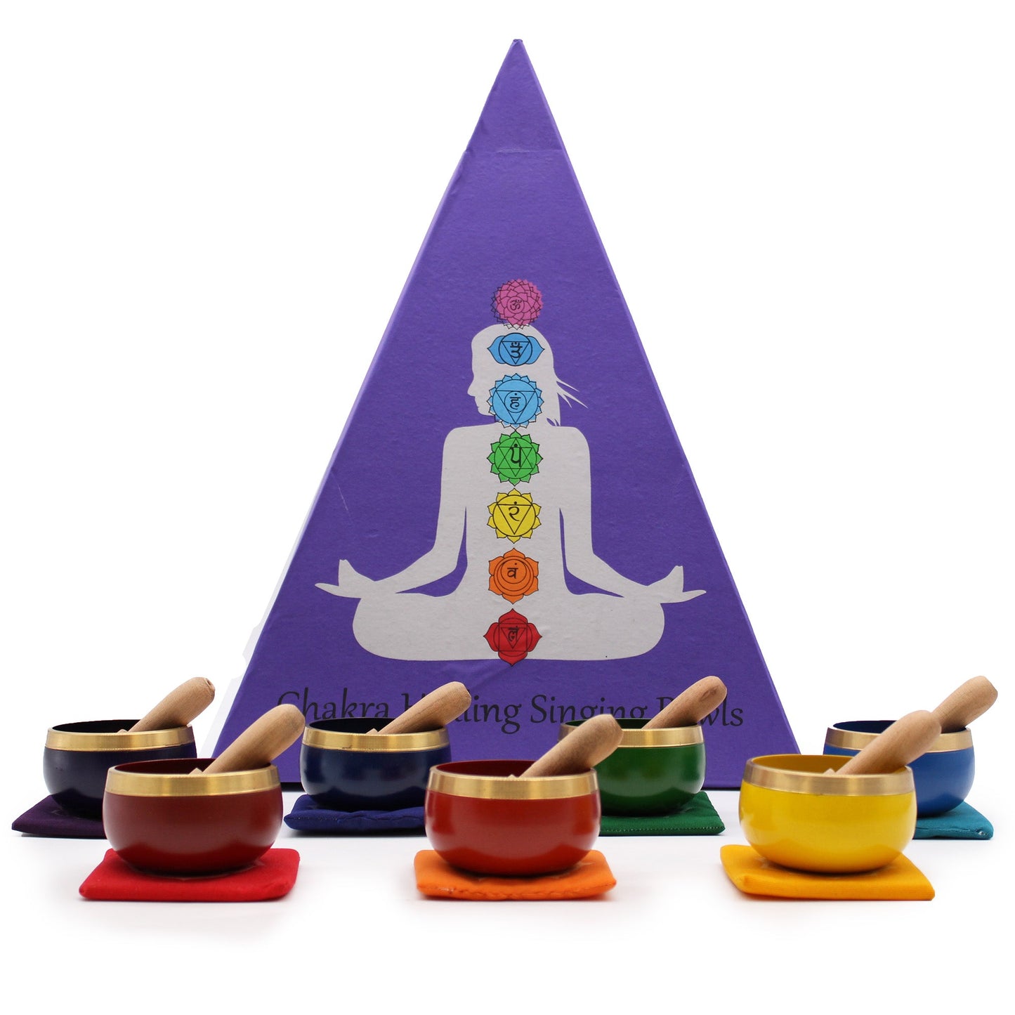 Authentic Healing Complete 7 Chakra Pyramid Brass Singing Bowl Set product packaging on clean background from Quintessential Holistic Health Ltd