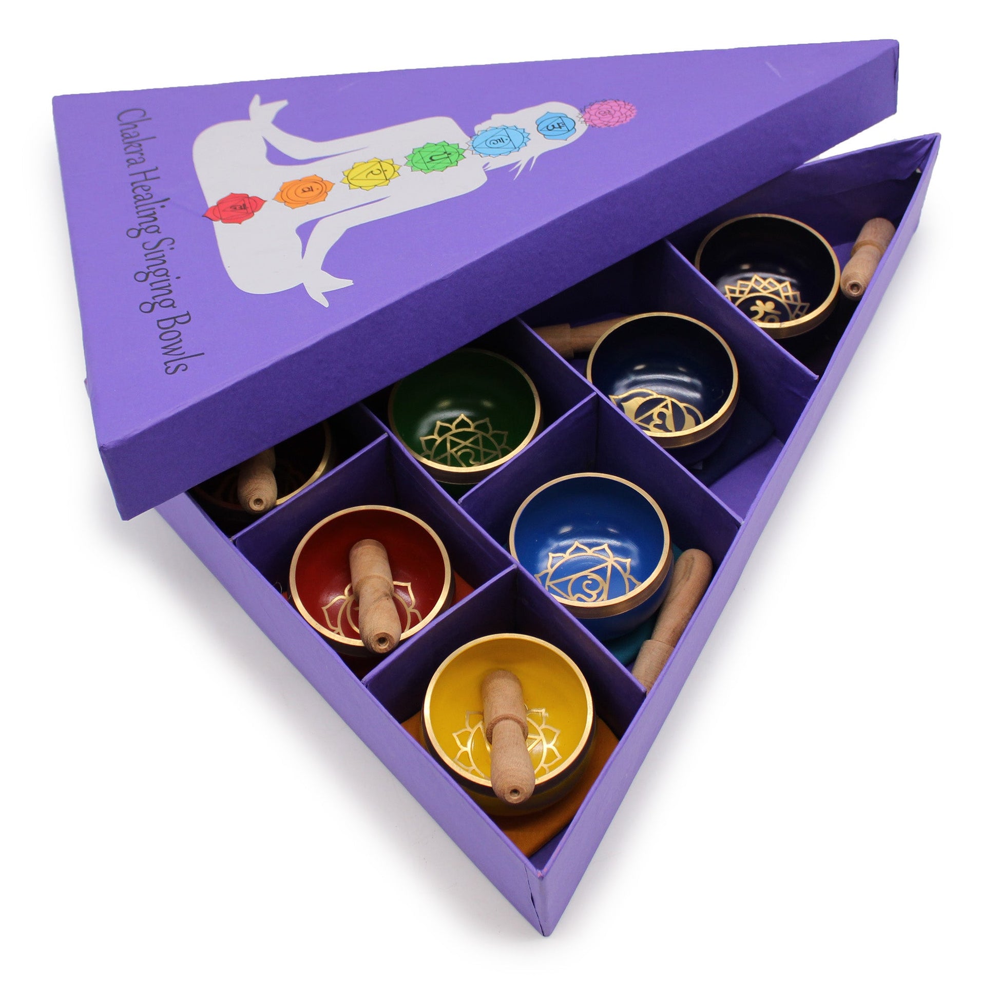 Authentic Healing Complete 7 Chakra Pyramid Brass Singing Bowl Set product packaging on clean background from Quintessential Holistic Health Ltd