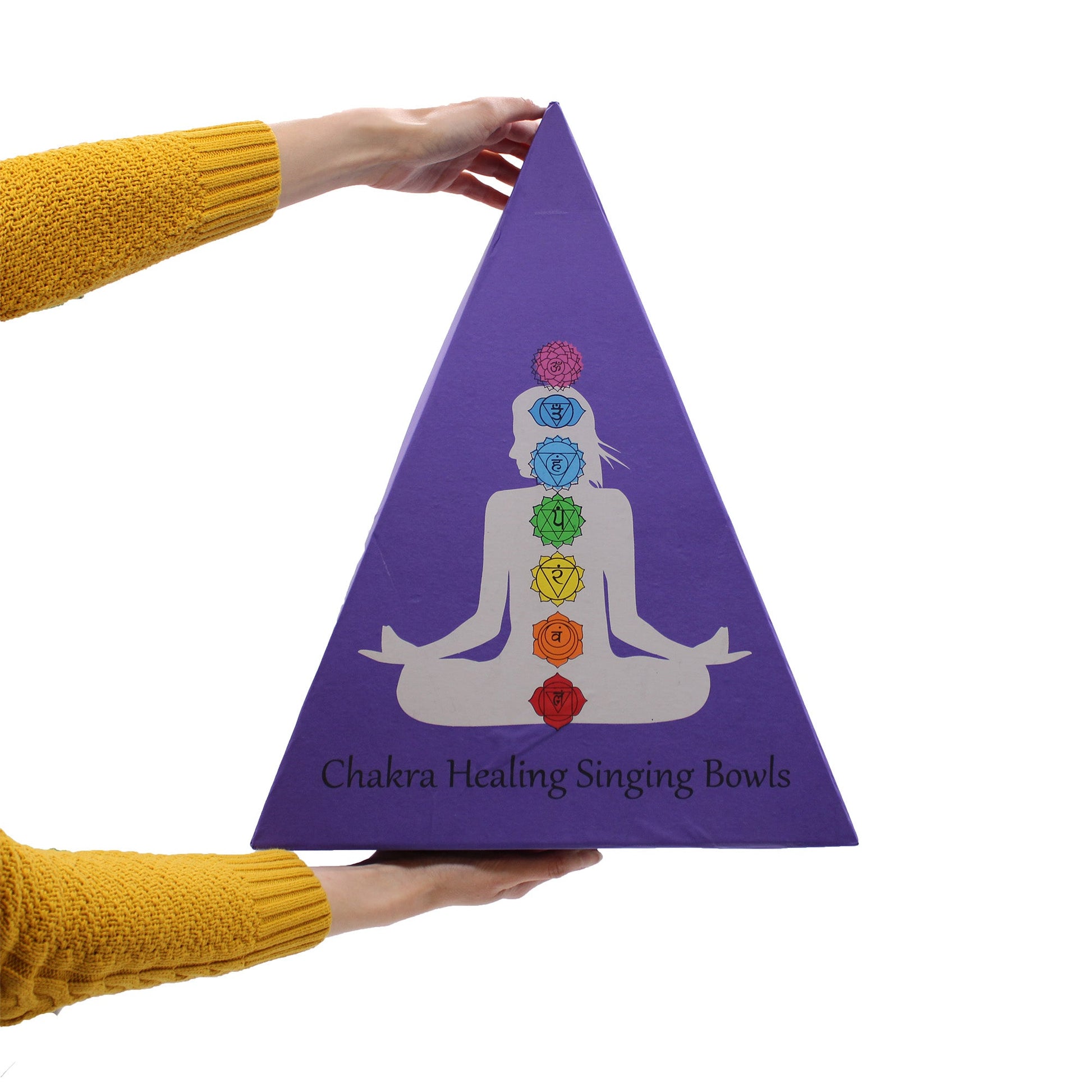 Authentic Healing Complete 7 Chakra Pyramid Brass Singing Bowl Set product packaging on clean background from Quintessential Holistic Health Ltd