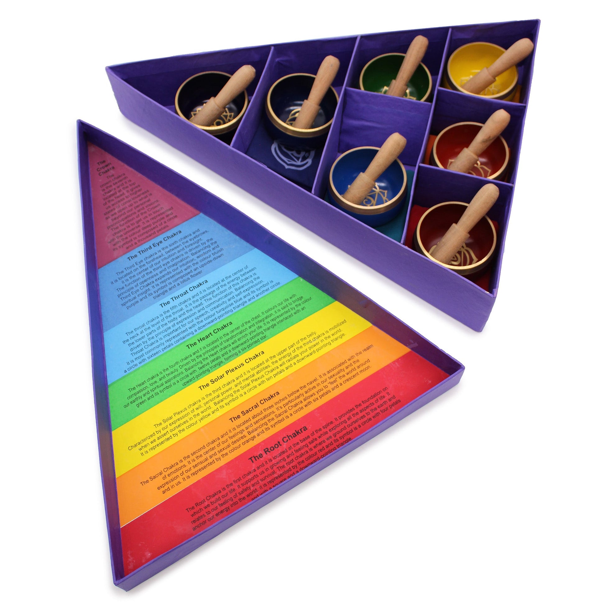 Authentic Healing Complete 7 Chakra Pyramid Brass Singing Bowl Set product packaging on clean background from Quintessential Holistic Health Ltd