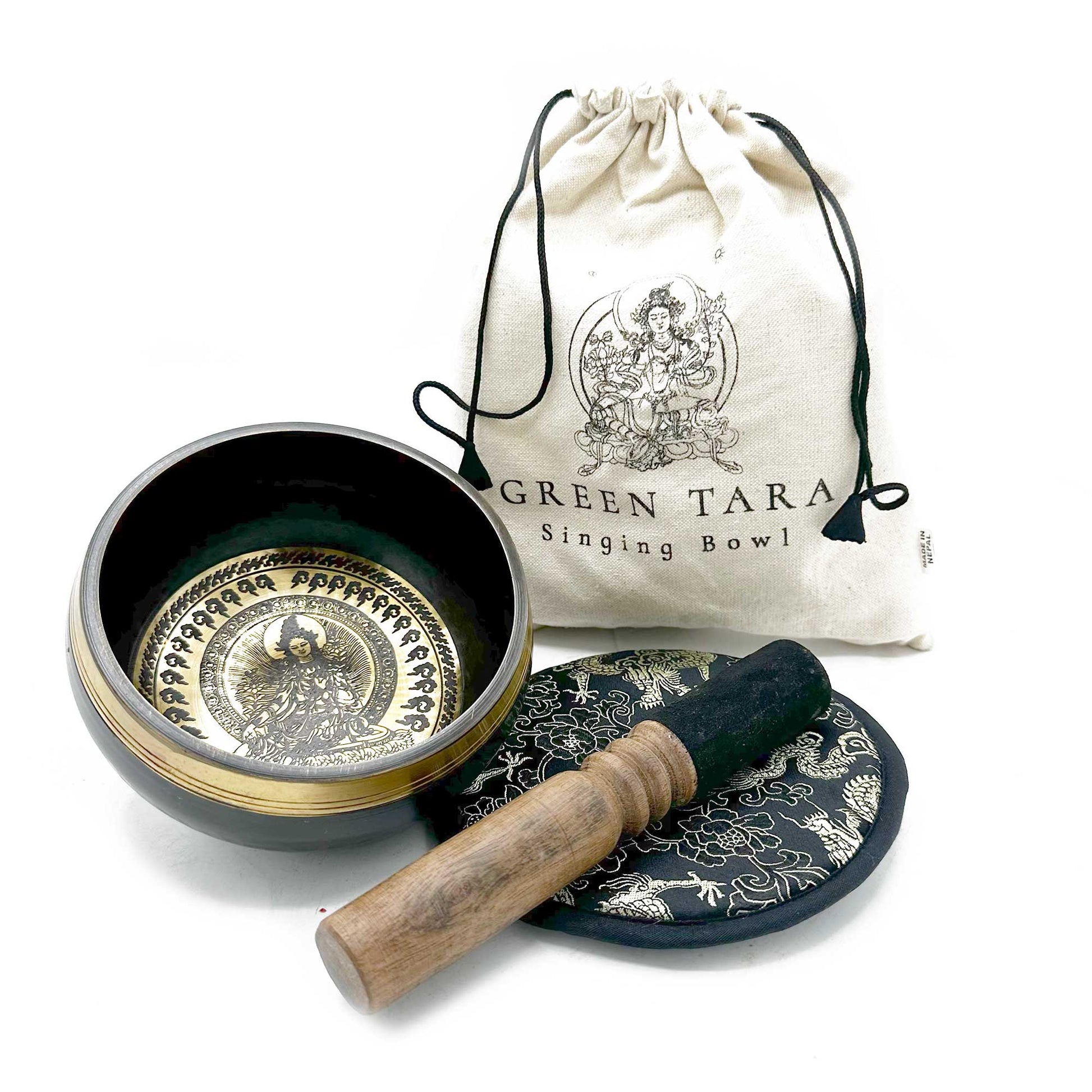 14cm Authentic Hand Beaten and Engraved Brass Singing Bowl Gift Set - Green Tara product packaging on clean background from Quintessential Holistic Health Ltd