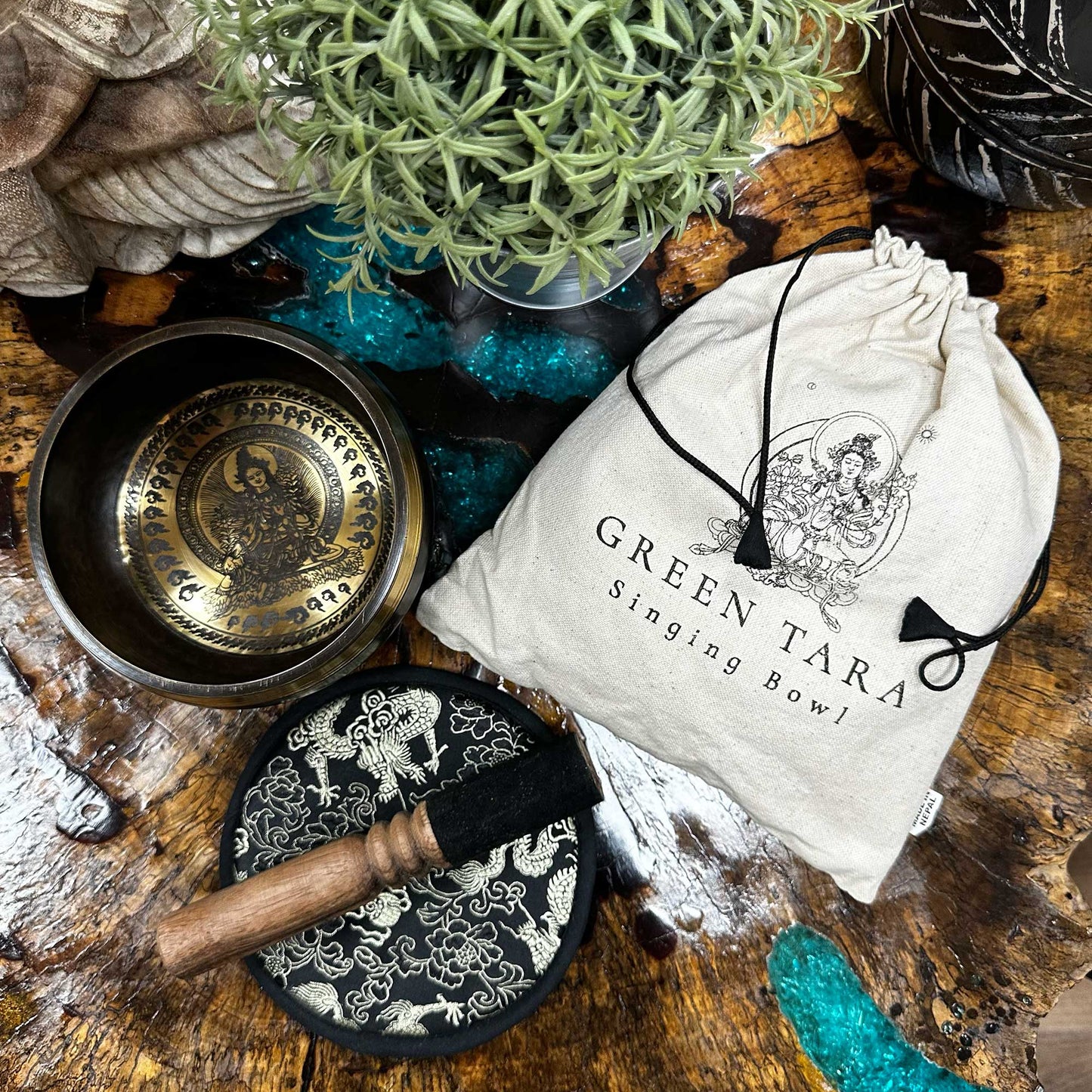 14cm Authentic Hand Beaten and Engraved Brass Singing Bowl Gift Set - Green Tara product packaging on clean background from Quintessential Holistic Health Ltd