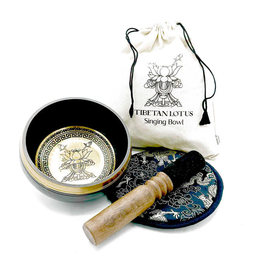 14cm Authentic Hand Beaten and Engraved Brass Singing Bowl Gift Set - Lotus Flower product packaging on clean background from Quintessential Holistic Health Ltd