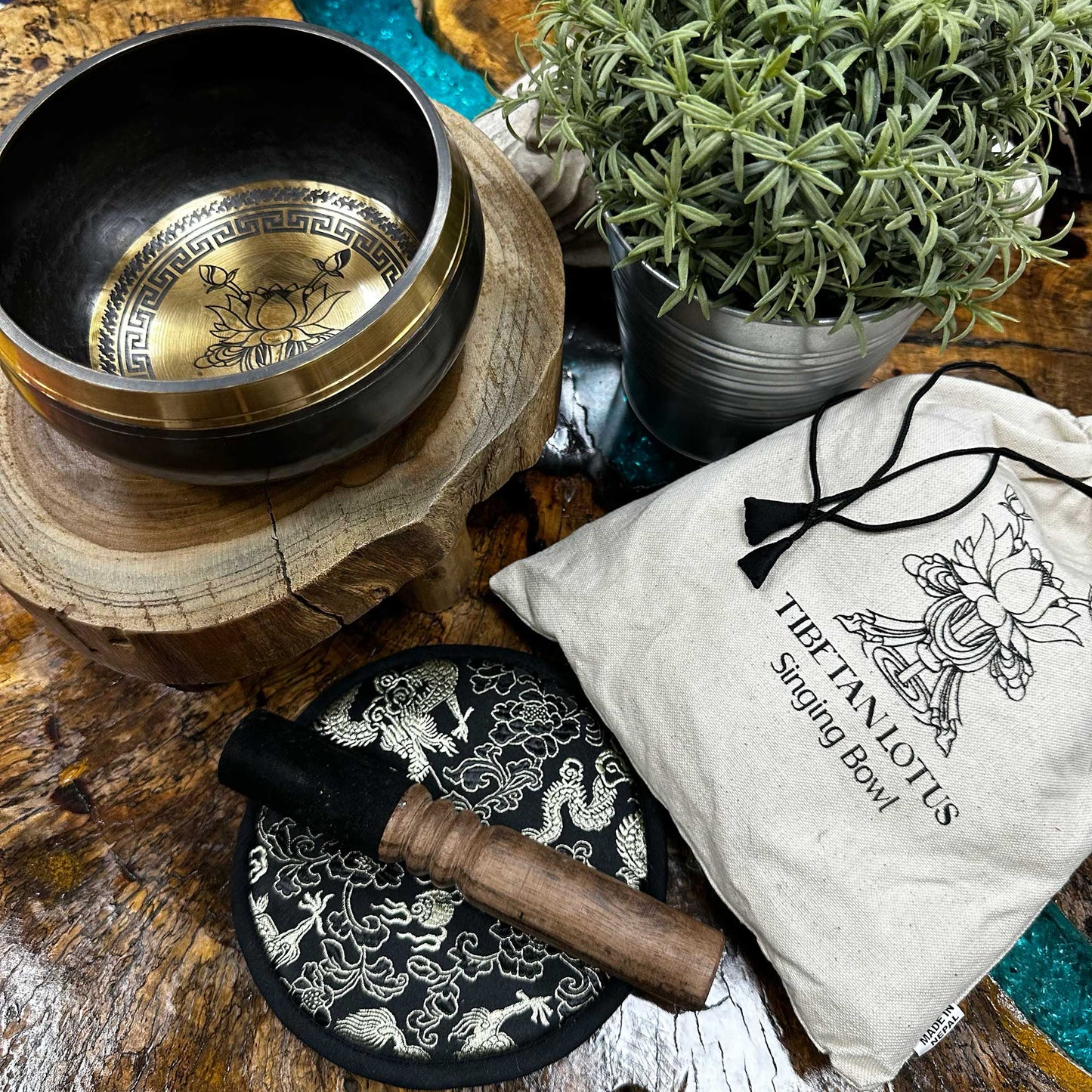 14cm Authentic Hand Beaten and Engraved Brass Singing Bowl Gift Set - Lotus Flower product packaging on clean background from Quintessential Holistic Health Ltd