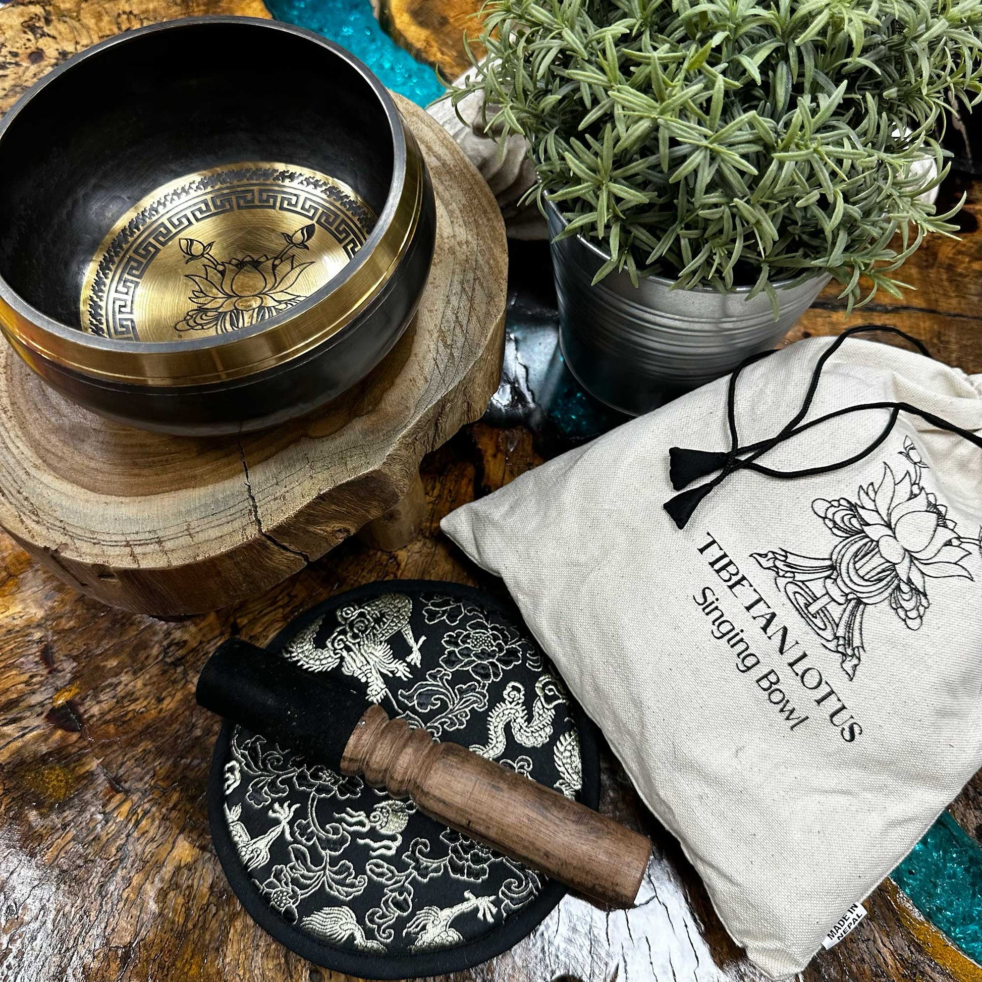 14cm Authentic Hand Beaten and Engraved Brass Singing Bowl Gift Set - Lotus Flower product packaging on clean background from Quintessential Holistic Health Ltd