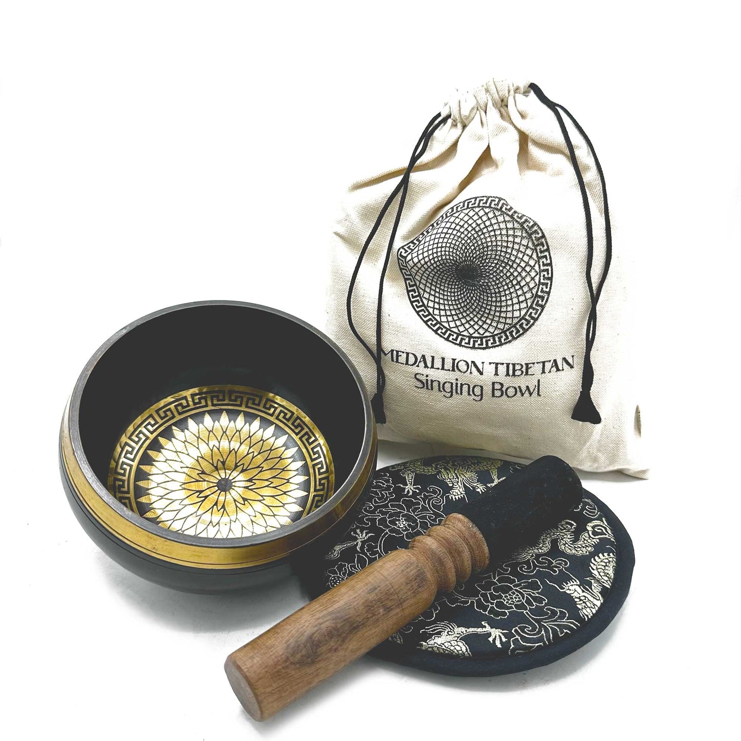 14cm Authentic Hand Beaten and Engraved Brass Singing Bowl Gift Set - Round Medallions product packaging on clean background from Quintessential Holistic Health Ltd