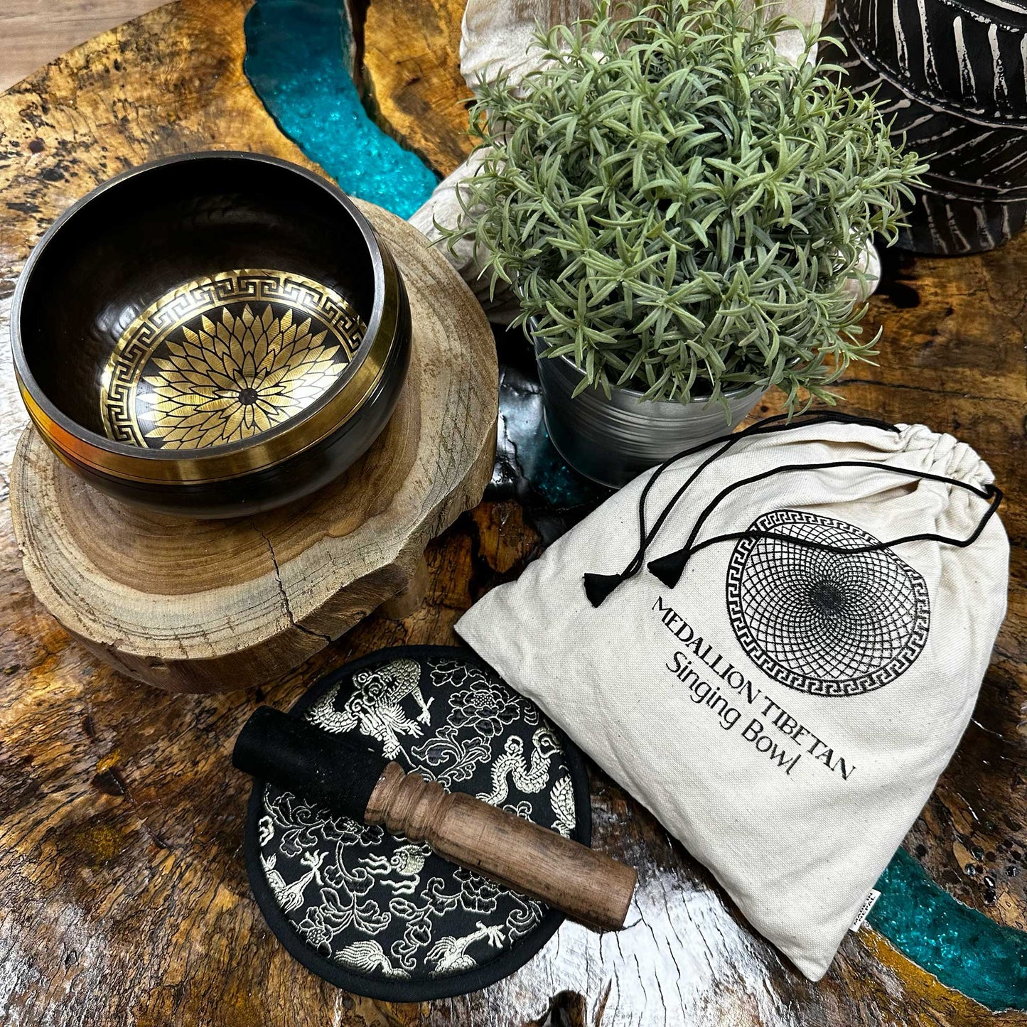 14cm Authentic Hand Beaten and Engraved Brass Singing Bowl Gift Set - Round Medallions product packaging on clean background from Quintessential Holistic Health Ltd