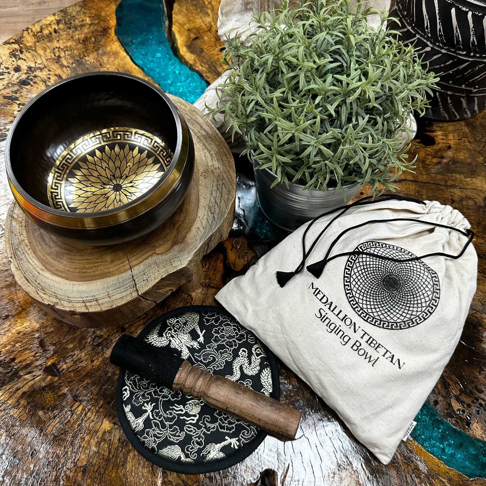 14cm Authentic Hand Beaten and Engraved Brass Singing Bowl Gift Set - Round Medallions product packaging on clean background from Quintessential Holistic Health Ltd