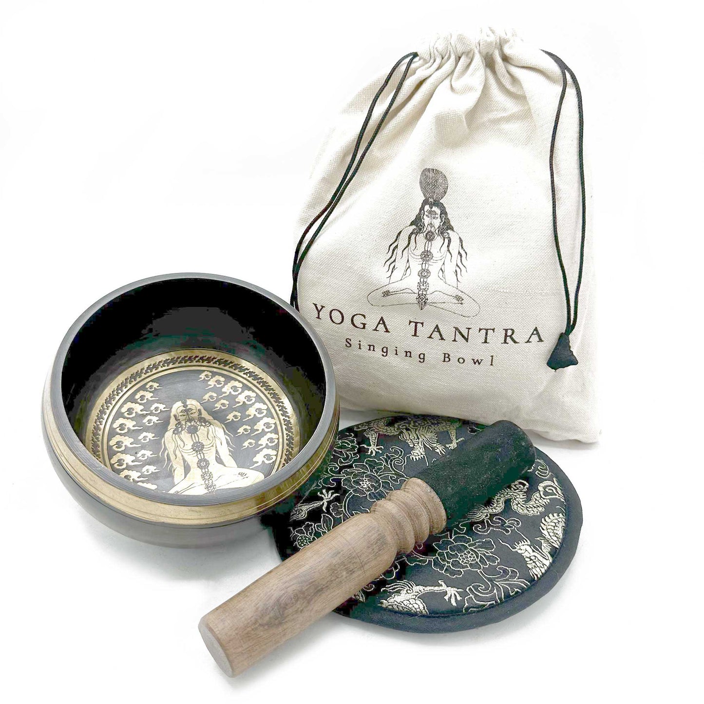14cm Authentic Hand Beaten and Engraved Brass Singing Bowl Gift Set - Yoga Tantra product packaging on clean background from Quintessential Holistic Health Ltd