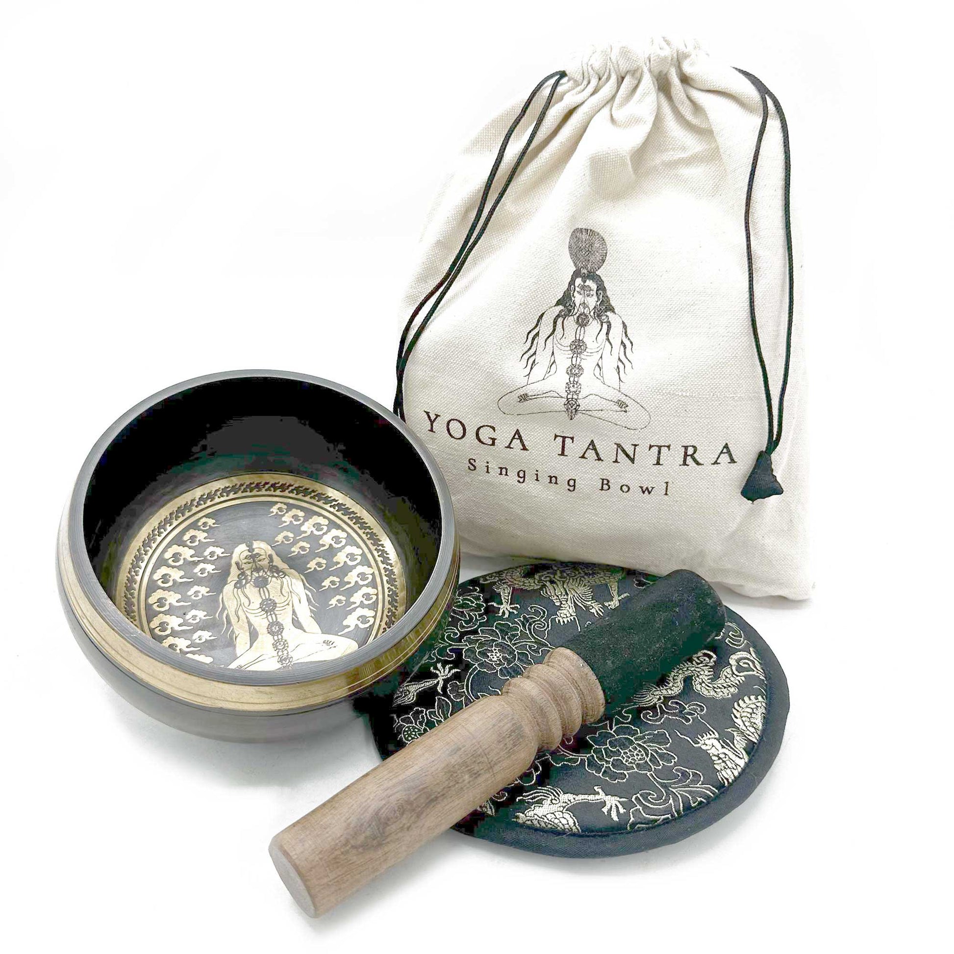 14cm Authentic Hand Beaten and Engraved Brass Singing Bowl Gift Set - Yoga Tantra product packaging on clean background from Quintessential Holistic Health Ltd