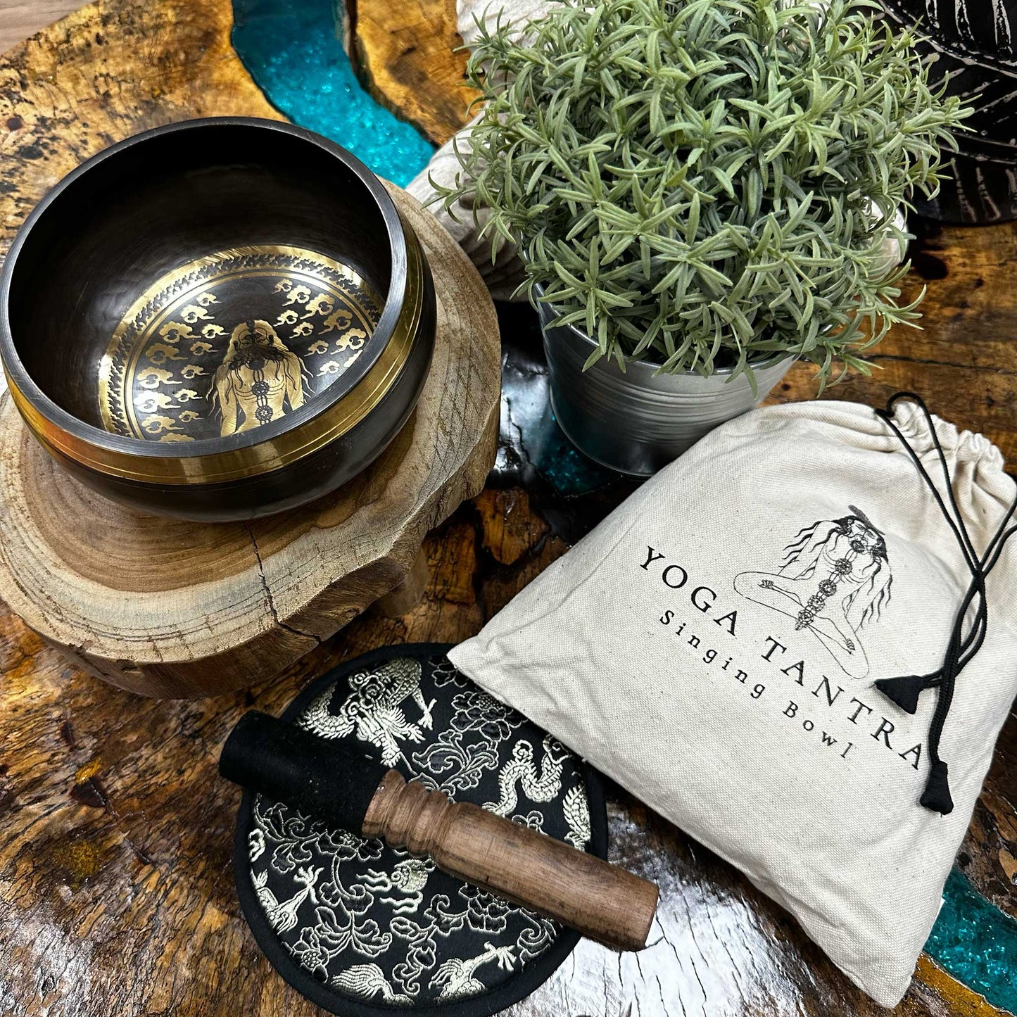 14cm Authentic Hand Beaten and Engraved Brass Singing Bowl Gift Set - Yoga Tantra product packaging on clean background from Quintessential Holistic Health Ltd