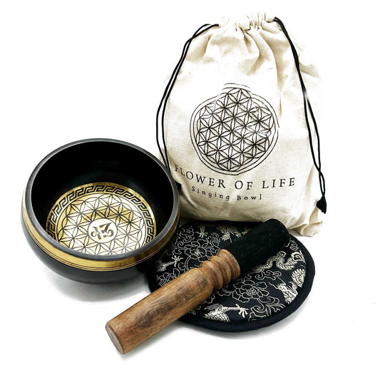 14cm Authentic Hand Beaten and Engraved Brass Singing Bowl Gift Set - Flower of Life product packaging on clean background from Quintessential Holistic Health Ltd