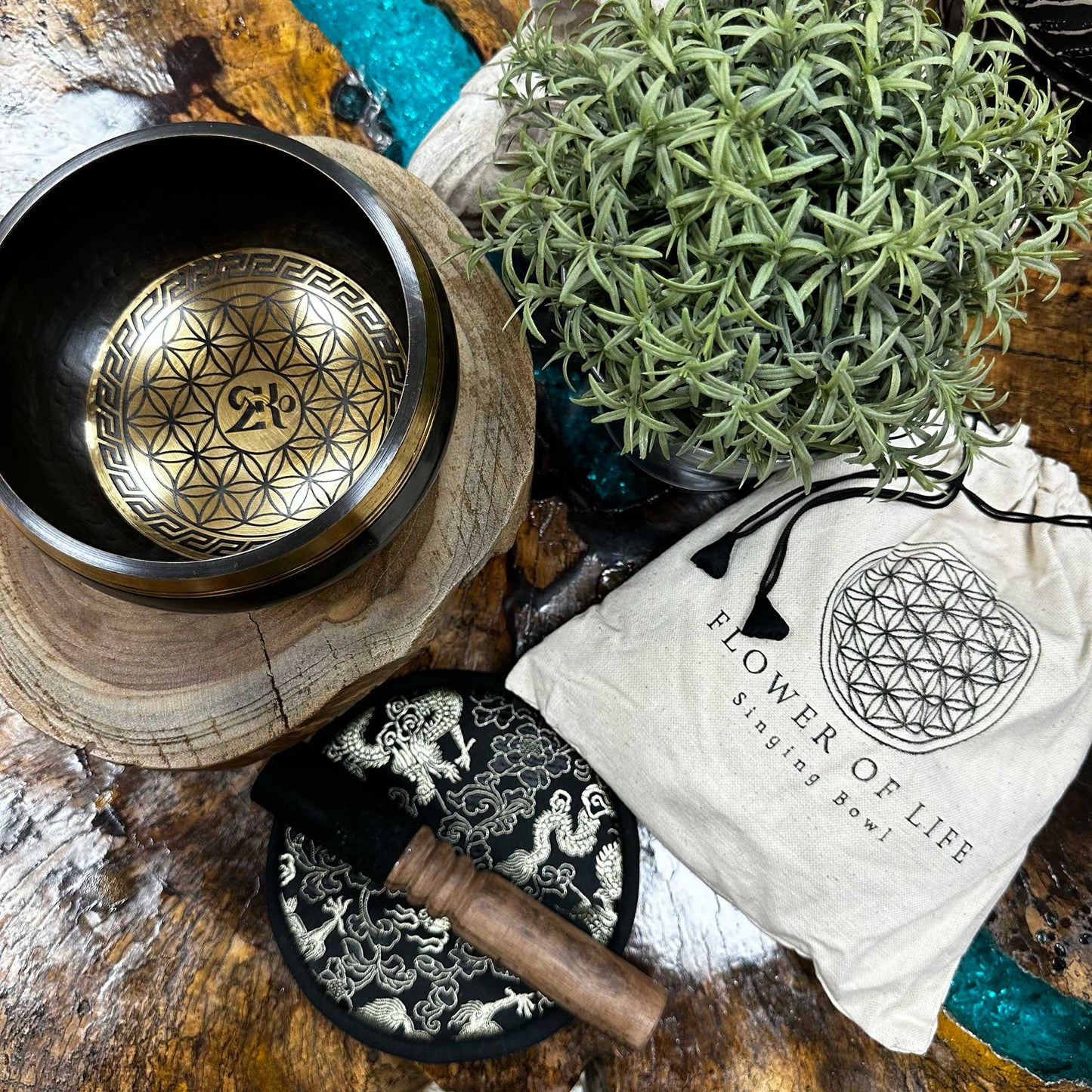 14cm Authentic Hand Beaten and Engraved Brass Singing Bowl Gift Set - Flower of Life product packaging on clean background from Quintessential Holistic Health Ltd