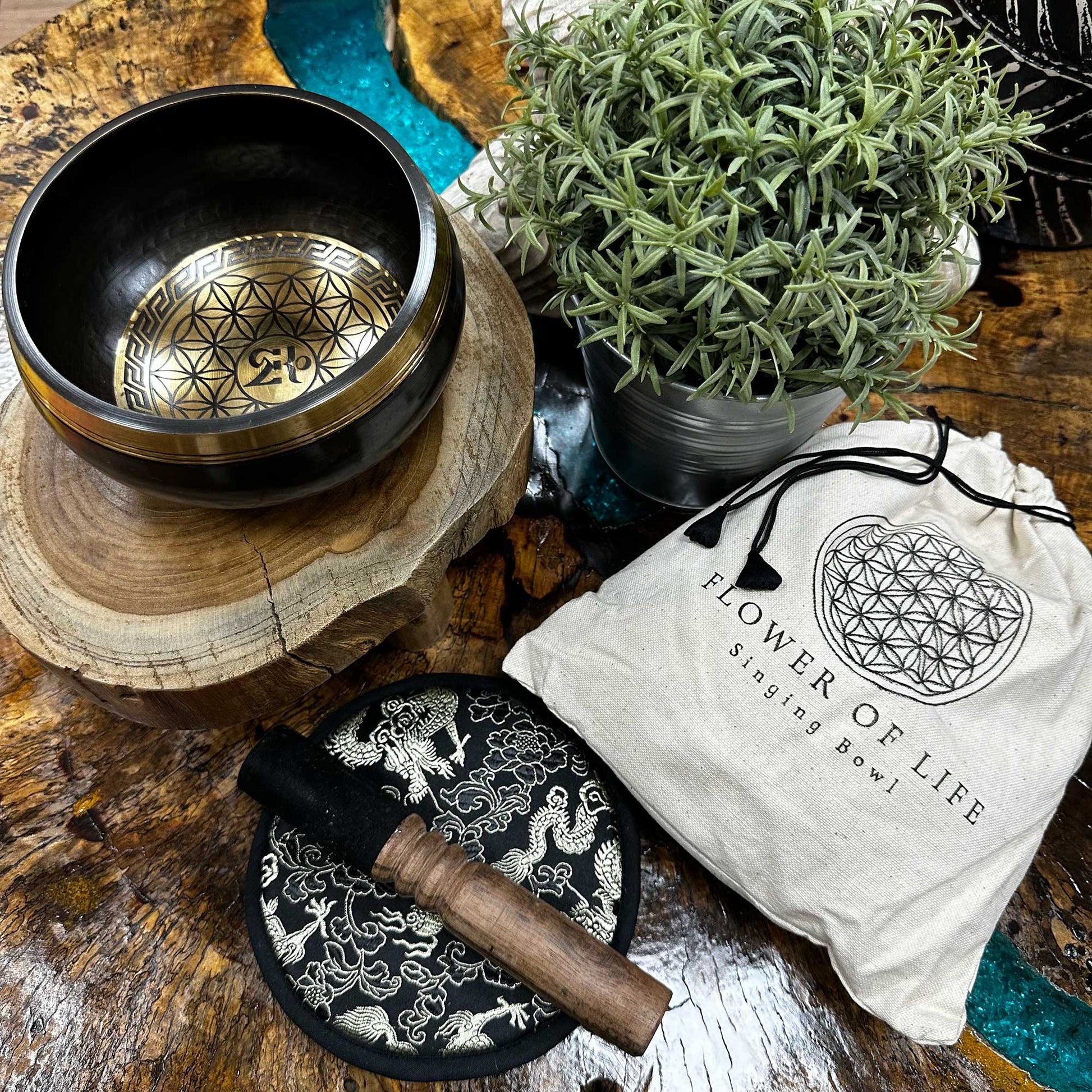 14cm Authentic Hand Beaten and Engraved Brass Singing Bowl Gift Set - Flower of Life product packaging on clean background from Quintessential Holistic Health Ltd