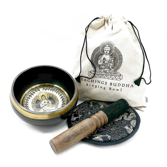 14cm Authentic Hand Beaten and Engraved Brass Singing Bowl Gift Set - Teachings of Buddha product packaging on clean background from Quintessential Holistic Health Ltd
