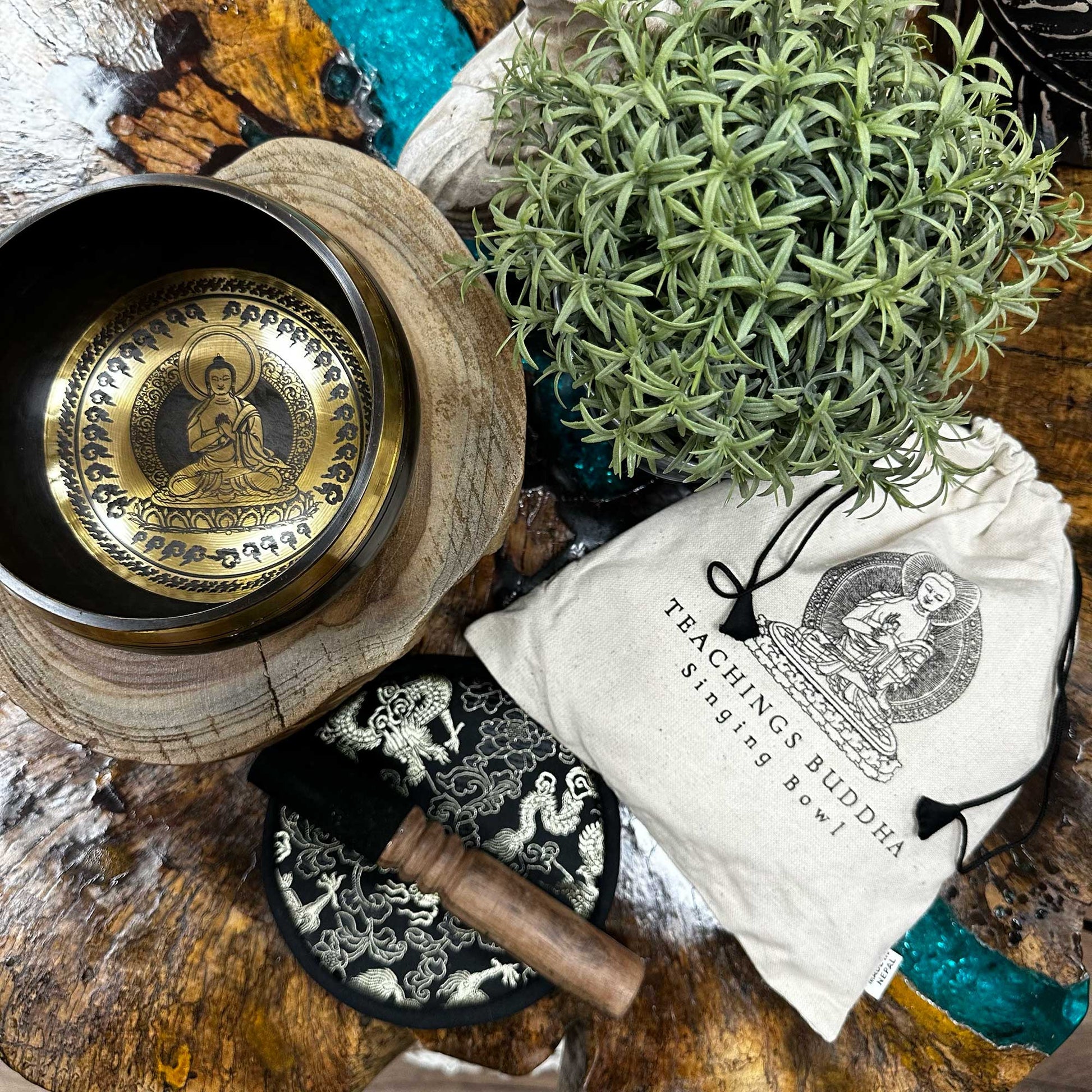 14cm Authentic Hand Beaten and Engraved Brass Singing Bowl Gift Set - Teachings of Buddha product packaging on clean background from Quintessential Holistic Health Ltd