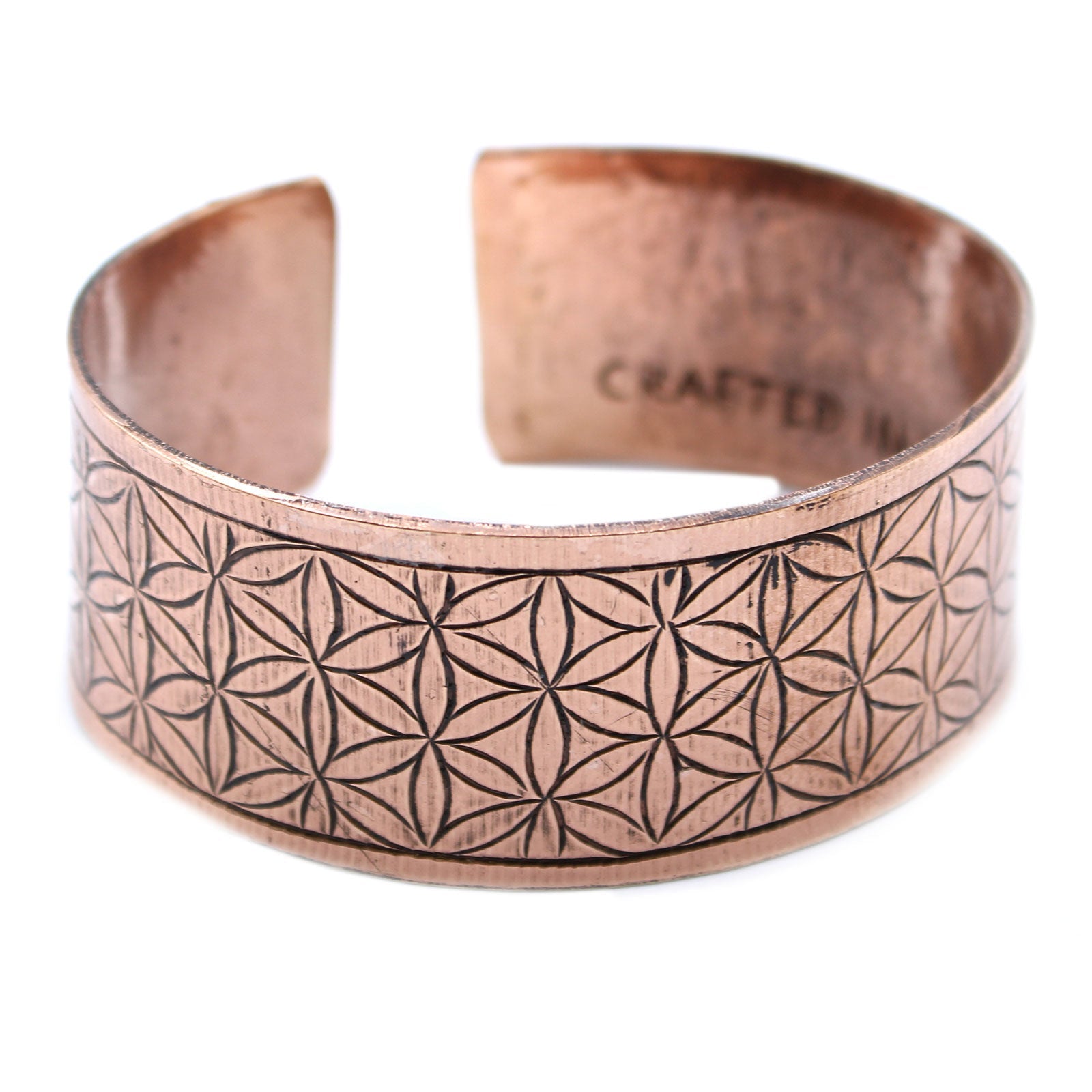 Handcrafted Copper Tibetan Bracelet - Flower of Life product packaging on clean background from Quintessential Holistic Health Ltd