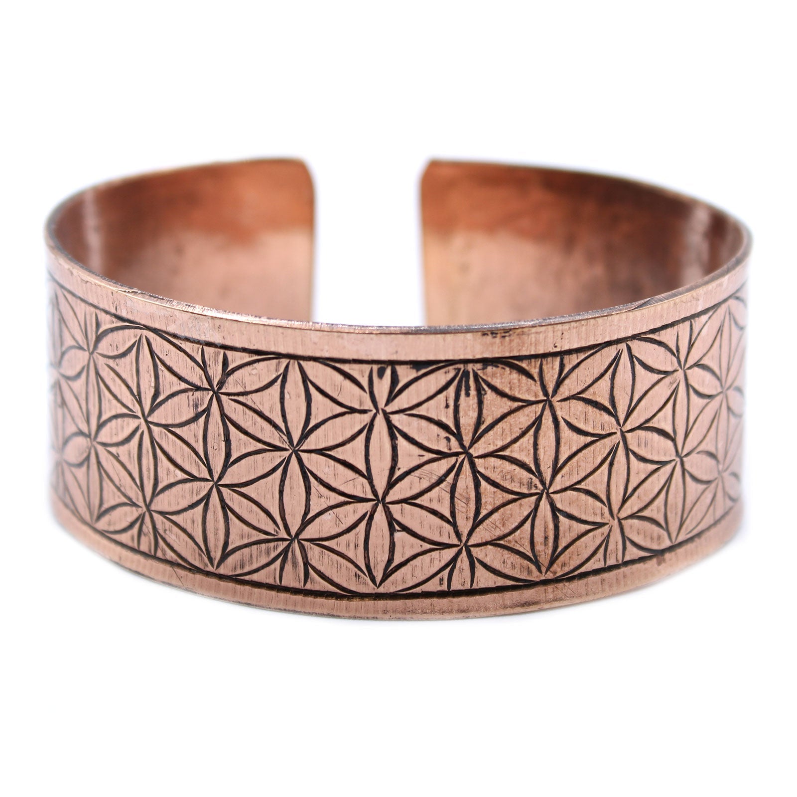 Handcrafted Copper Tibetan Bracelet - Flower of Life product packaging on clean background from Quintessential Holistic Health Ltd