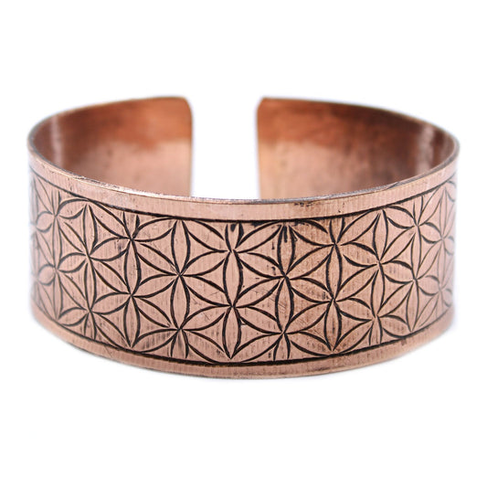 Handcrafted Copper Tibetan Bracelet - Flower of Life product packaging on clean background from Quintessential Holistic Health Ltd