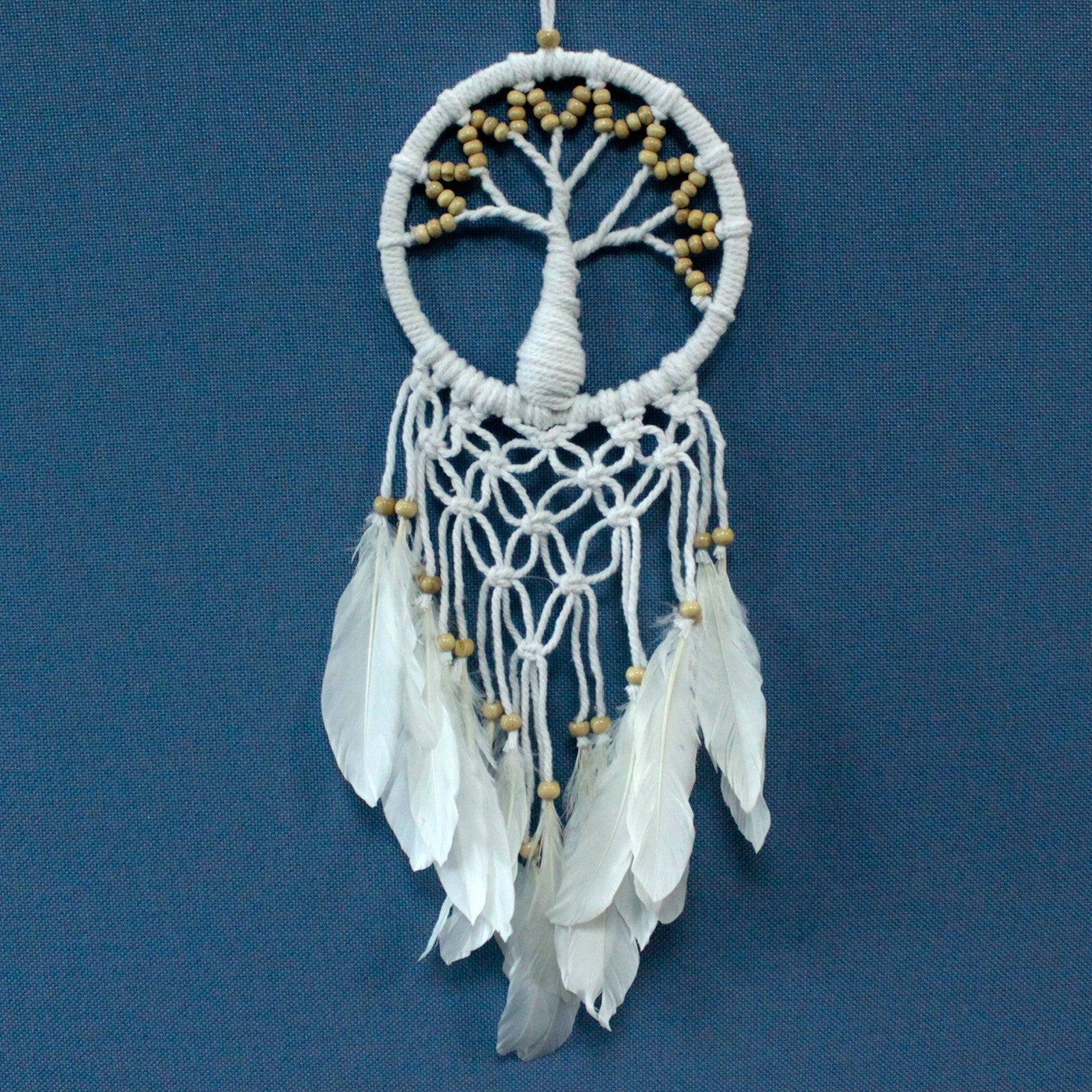 Hand Crafted Boho Style Macrame Tree of Life Dreamcatcher - Medium / White and Natural product packaging on clean background from Quintessential Holistic Health Ltd