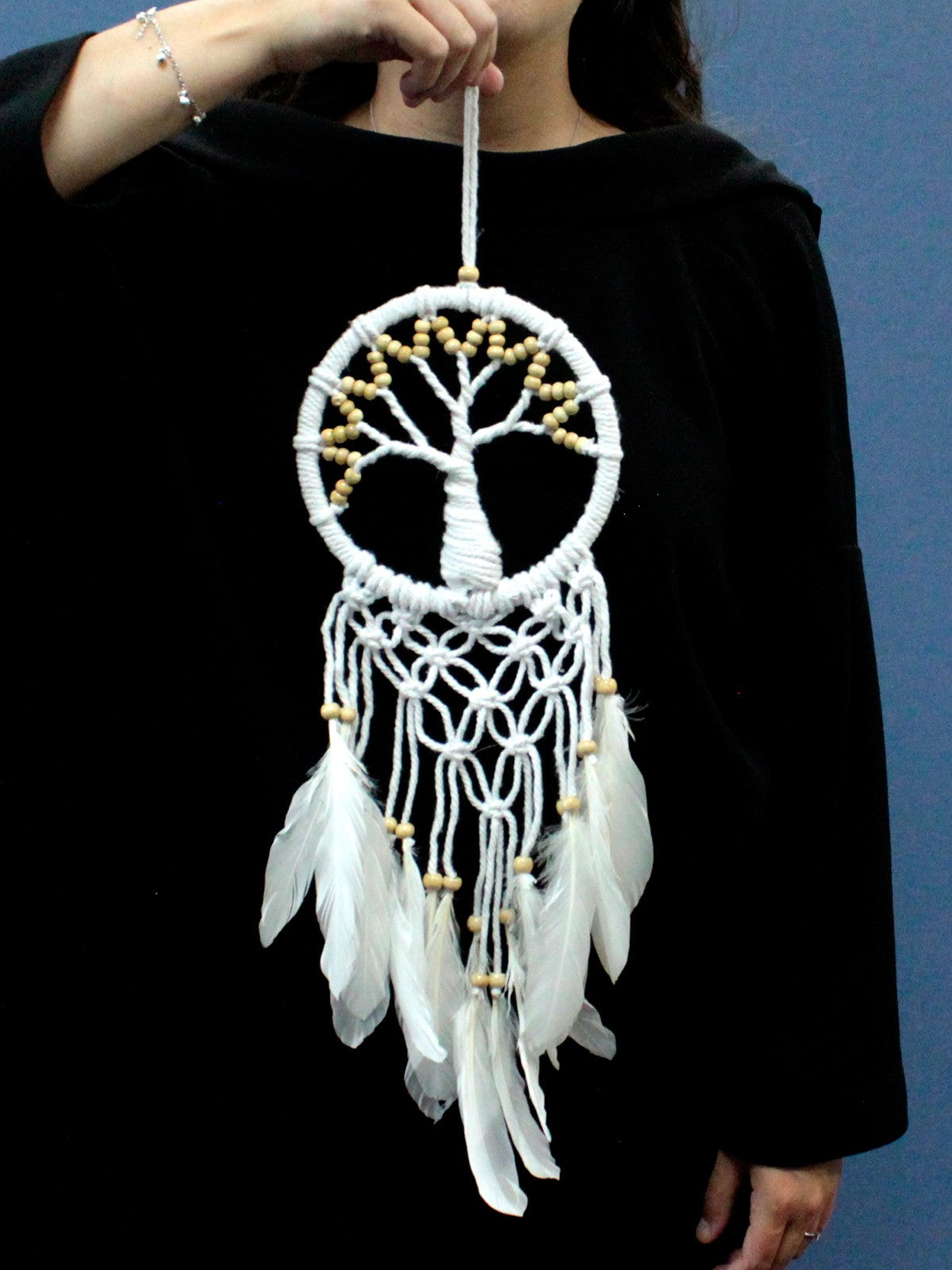 Hand Crafted Boho Style Macrame Tree of Life Dreamcatcher - Medium / White and Natural product packaging on clean background from Quintessential Holistic Health Ltd