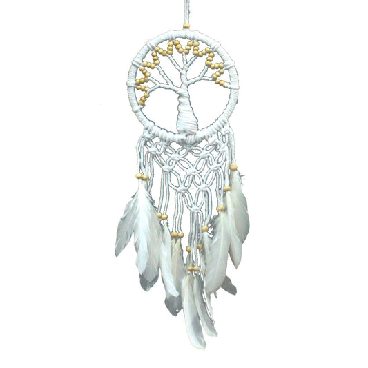 Hand Crafted Boho Style Macrame Tree of Life Dreamcatcher - Medium / White and Natural product packaging on clean background from Quintessential Holistic Health Ltd