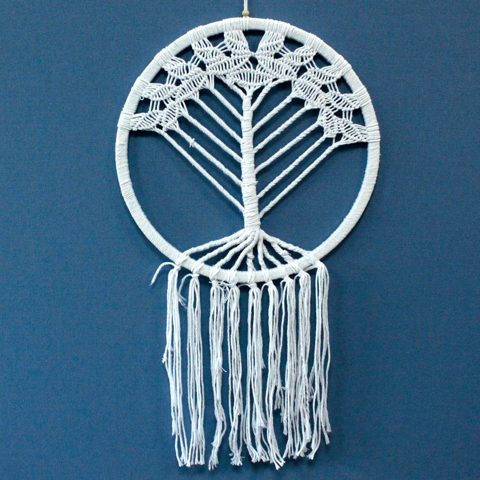 Hand Crafted Boho Style Macrame Tree of Life Dreamcatcher - Extra Large / White and Natural product packaging on clean background from Quintessential Holistic Health Ltd