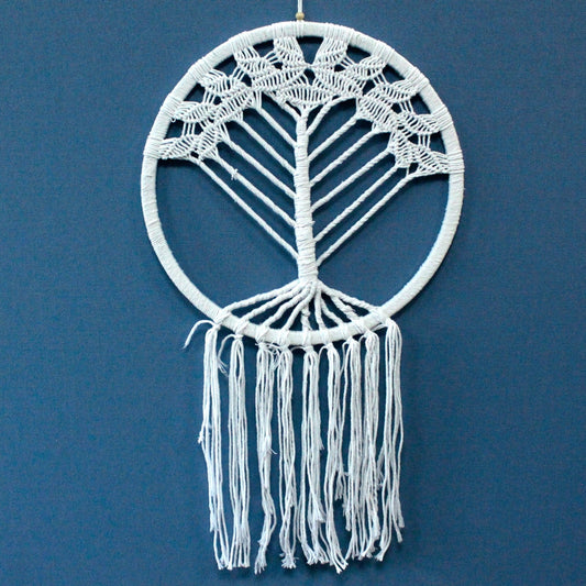 Hand Crafted Boho Style Macrame Tree of Life Dreamcatcher - Extra Large / White and Natural product packaging on clean background from Quintessential Holistic Health Ltd