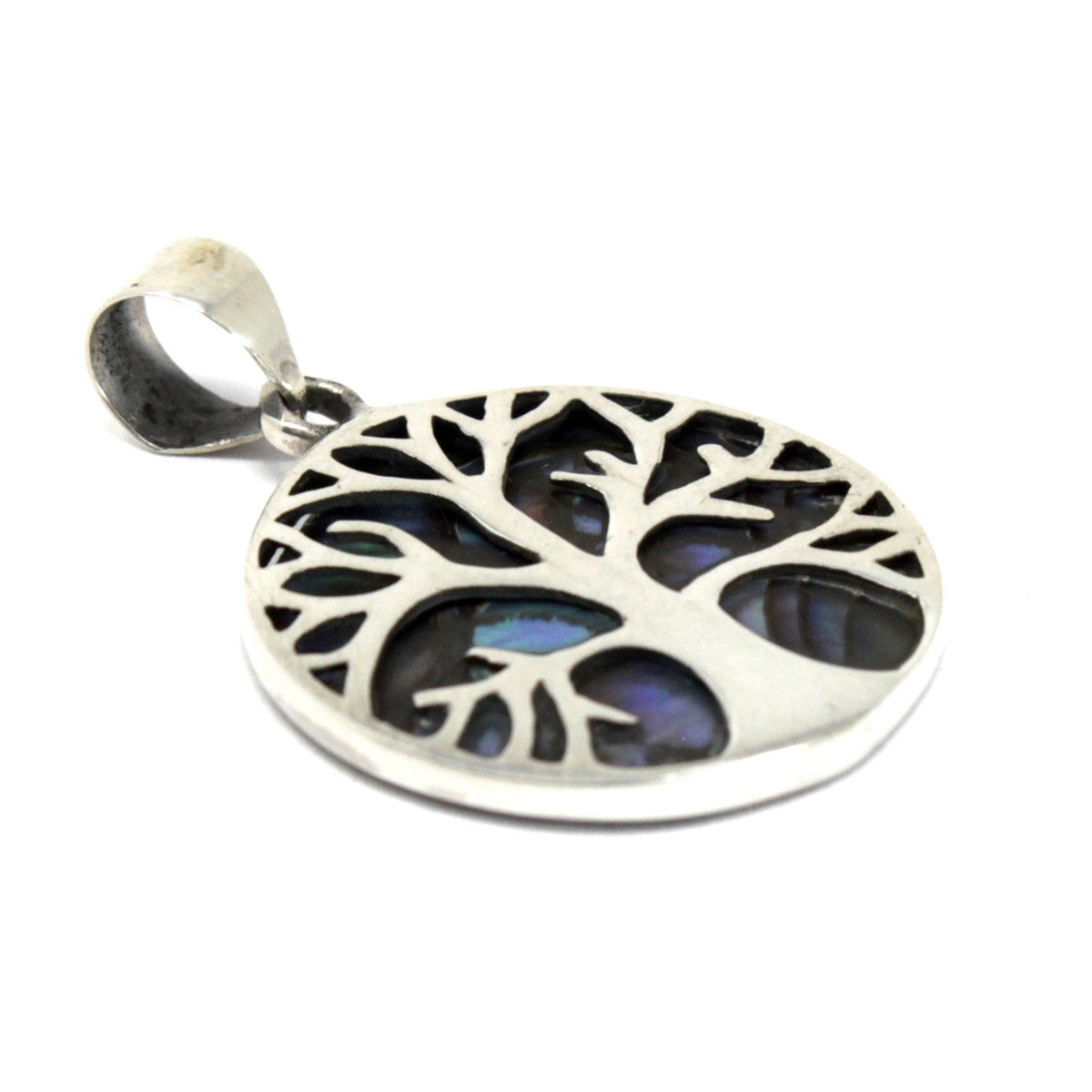 Silver Pendant - 22 mm - Tree of Life - Abalone with a round openwork tree front and iridescent blue-green sections by Quintessential Holistic Health Ltd