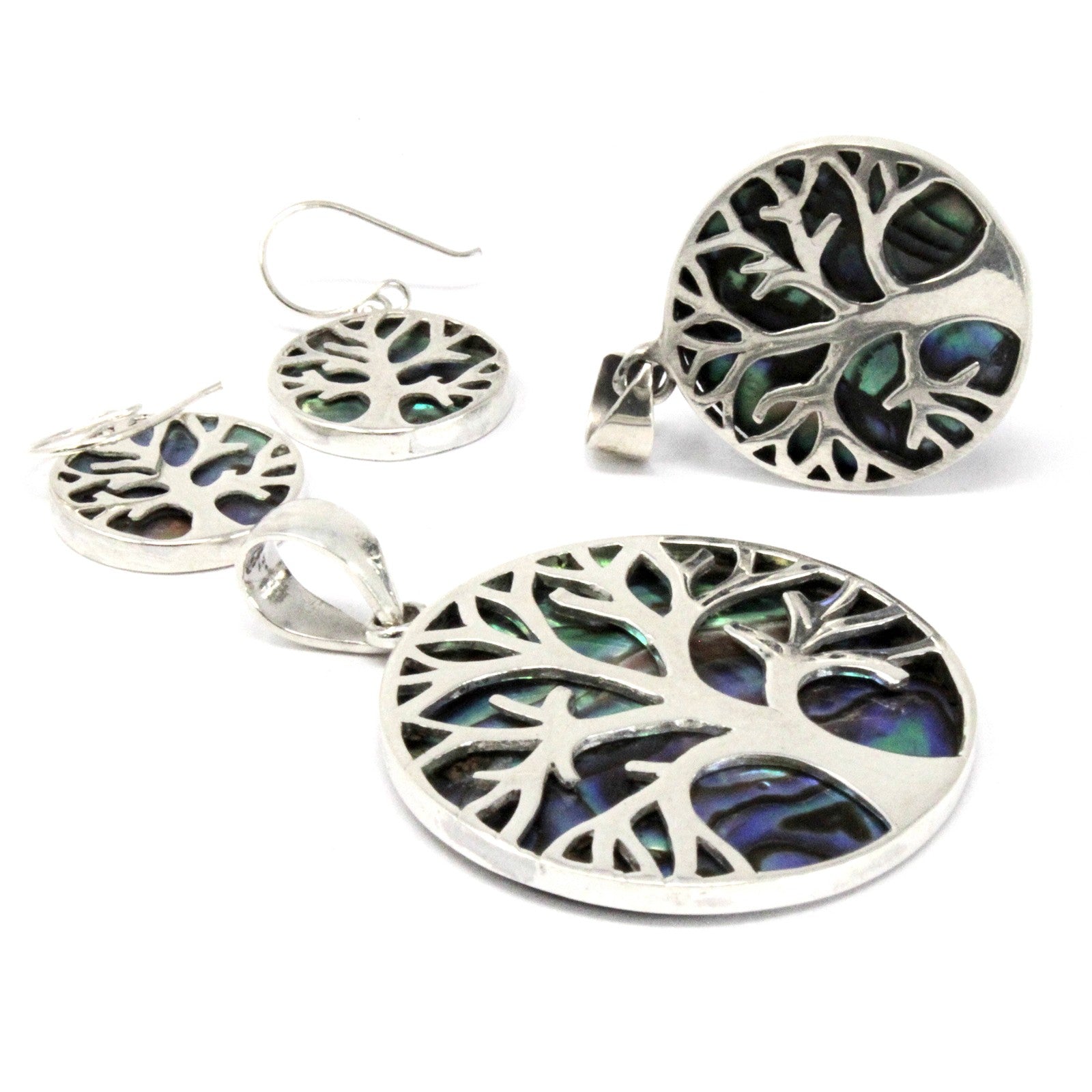 Silver Earrings - 15mm / Tree of Life / Abalone product packaging on clean background from Quintessential Holistic Health Ltd