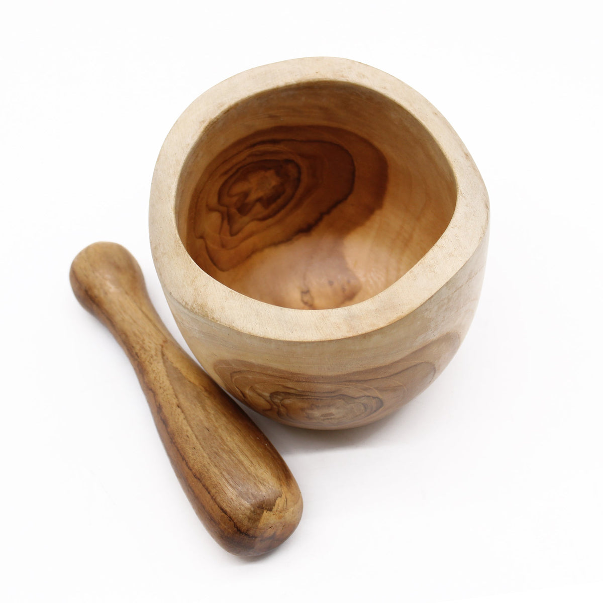 Ergo Teak Pestle & Mortar - Large with a deep rounded bowl, swirling wood grain and separate curved pestle by Quintessential Holistic Health Ltd
