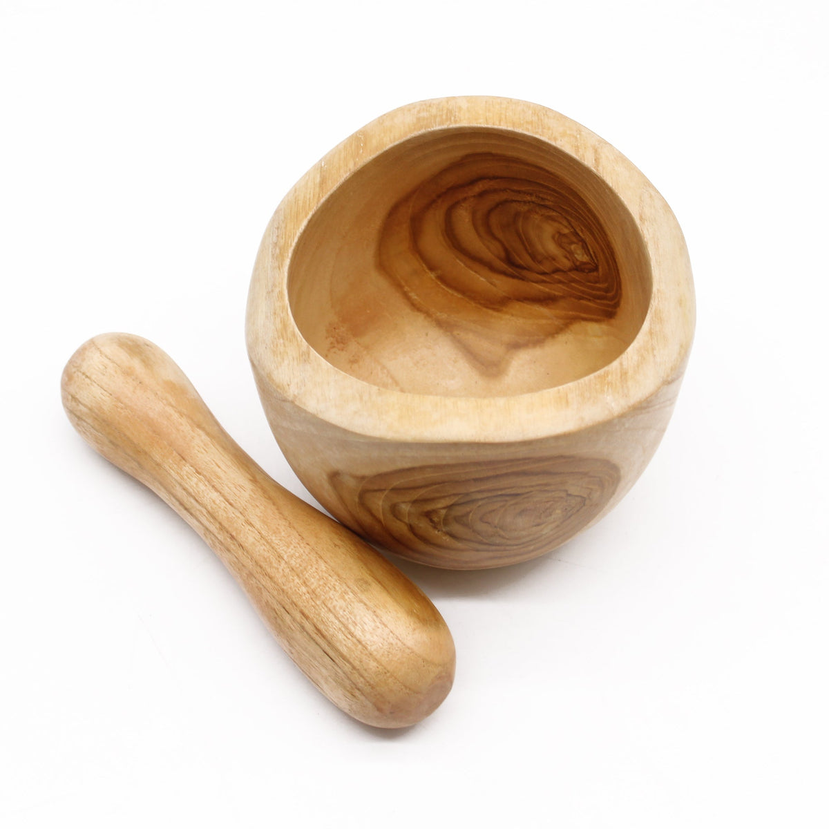 Ergo Teak Pestle & Mortar - Medium, with a deep rounded bowl and separate pestle lying beside it by Quintessential Holistic Health Ltd