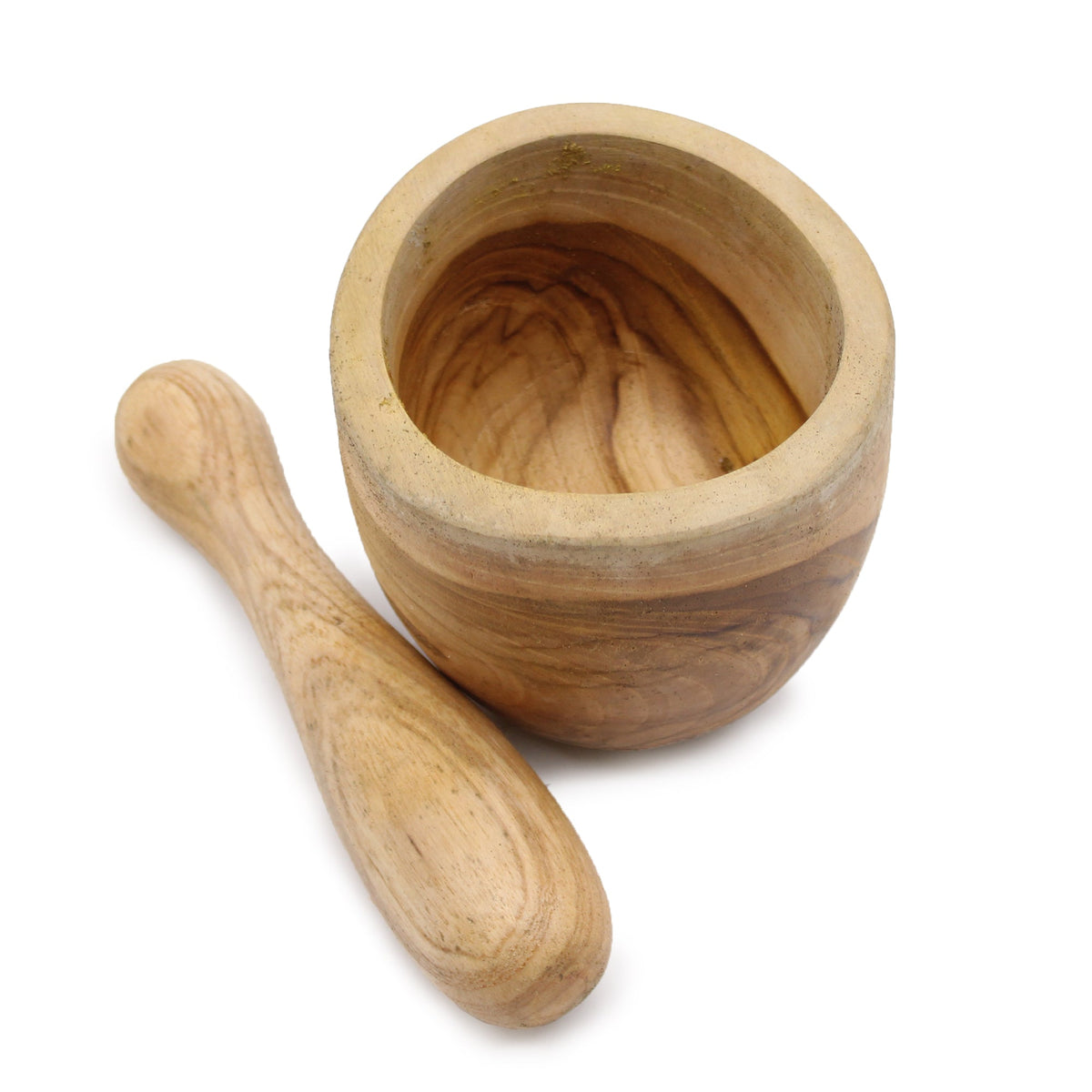 Ergo Teak Pestle & Mortar - Small, rounded wooden mortar viewed from above with separate pestle beside it by Quintessential Holistic Health Ltd