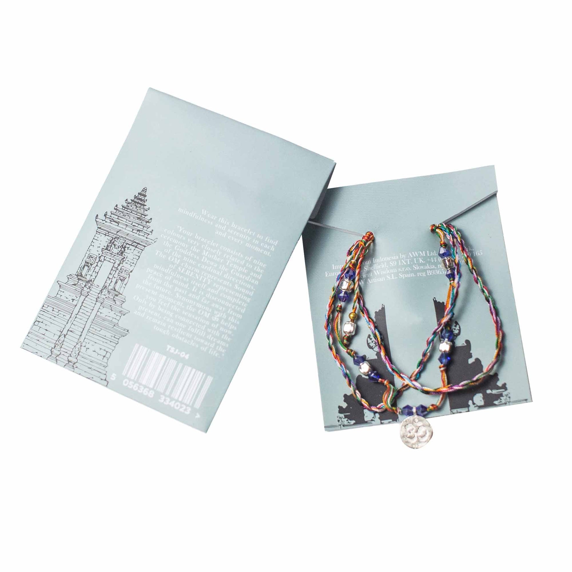 Handcrafted Temple String Bracelet - Om in Serenity product packaging on clean background from Quintessential Holistic Health Ltd