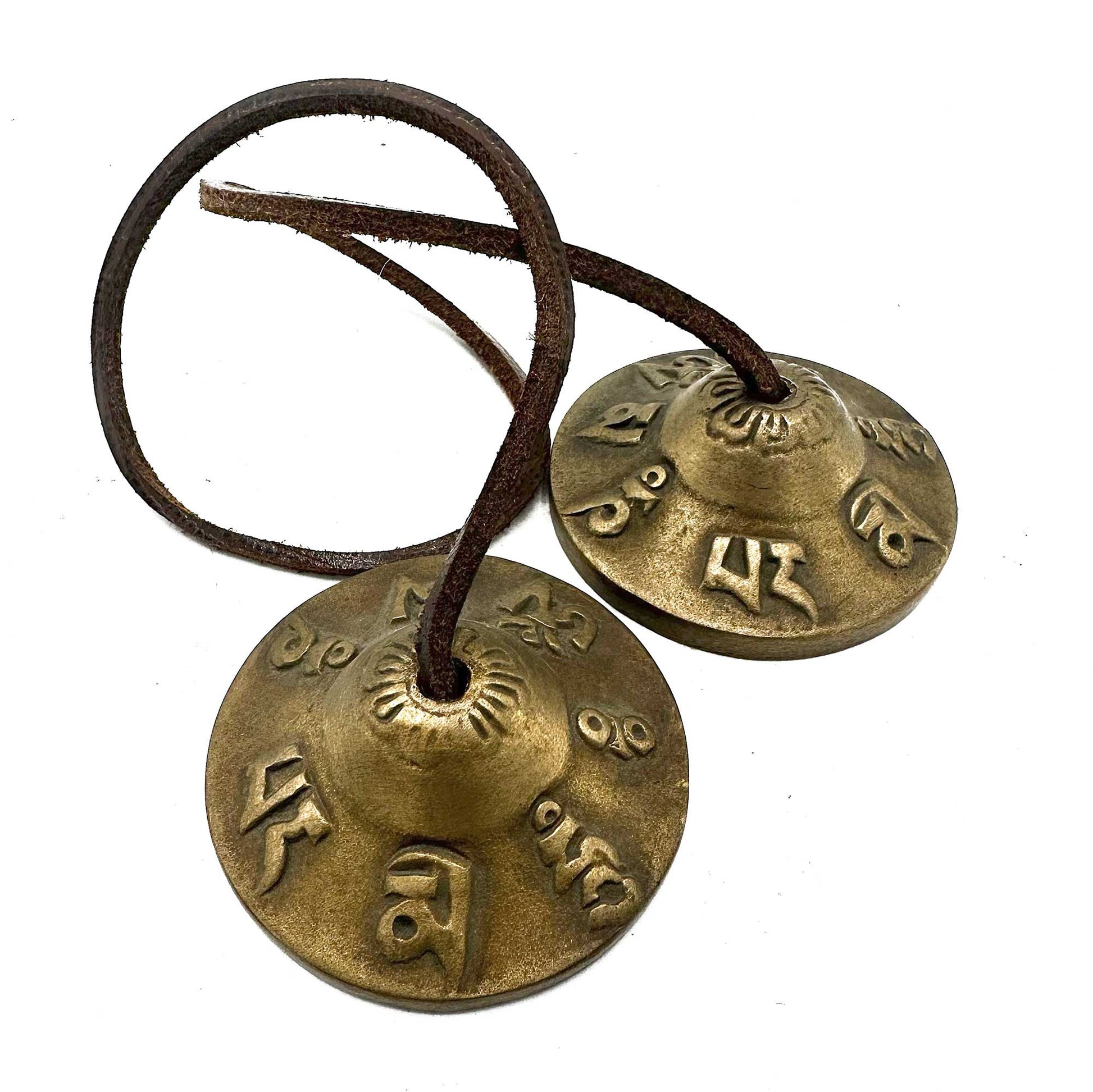 Handcrafted Brass Tibetan Tingsha Cymbals - Small / Lucky Symbols product packaging on clean background from Quintessential Holistic Health Ltd