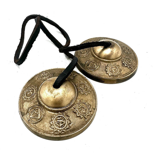 Handcrafted Brass Tibetan Tingsha Cymbals - Medium / 7 Chakra product packaging on clean background from Quintessential Holistic Health Ltd