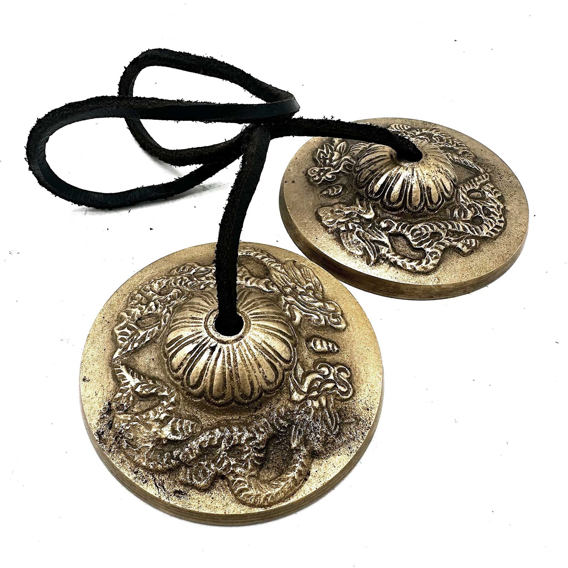 Handcrafted Brass Tibetan Tingsha Cymbals - Large / Dragon product packaging on clean background from Quintessential Holistic Health Ltd