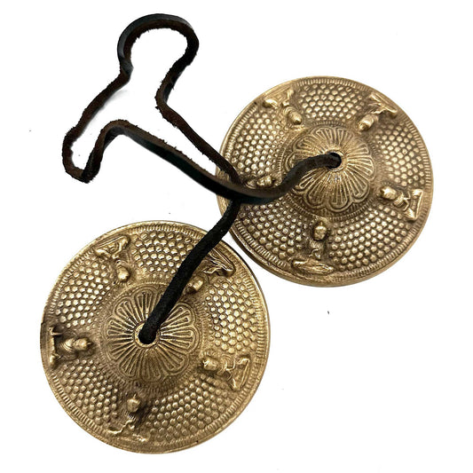 Handcrafted Brass Tibetan Tingsha Cymbals - Extra Large / Five Buddha product packaging on clean background from Quintessential Holistic Health Ltd