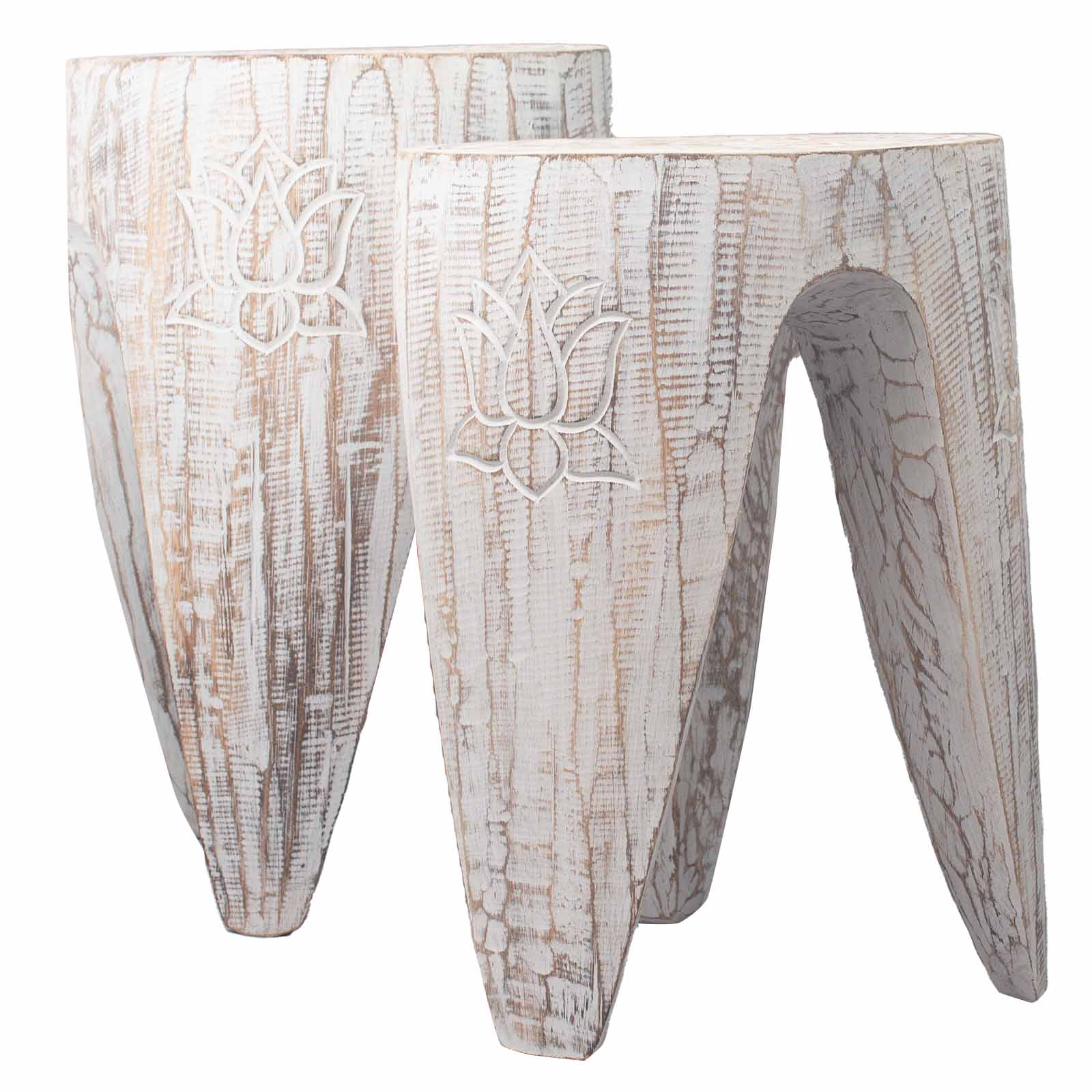 Set of 2 x Handmade Albasia Wooden Interlocking Tribal Tables / Stools - Whitewash product packaging on clean background from Quintessential Holistic Health Ltd