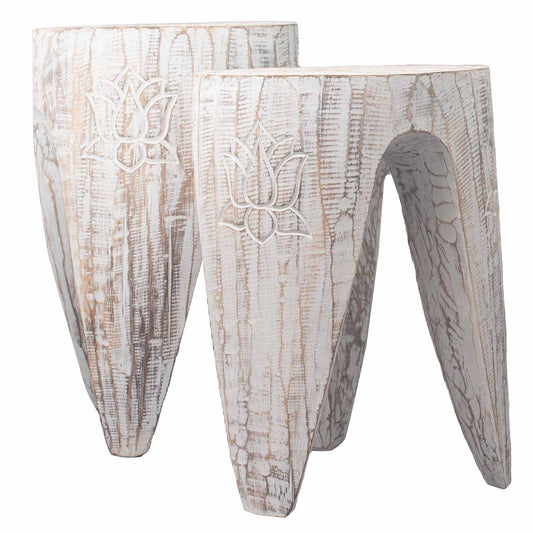 Set of 2 x Handmade Albasia Wooden Interlocking Tribal Tables / Stools - Whitewash product packaging on clean background from Quintessential Holistic Health Ltd