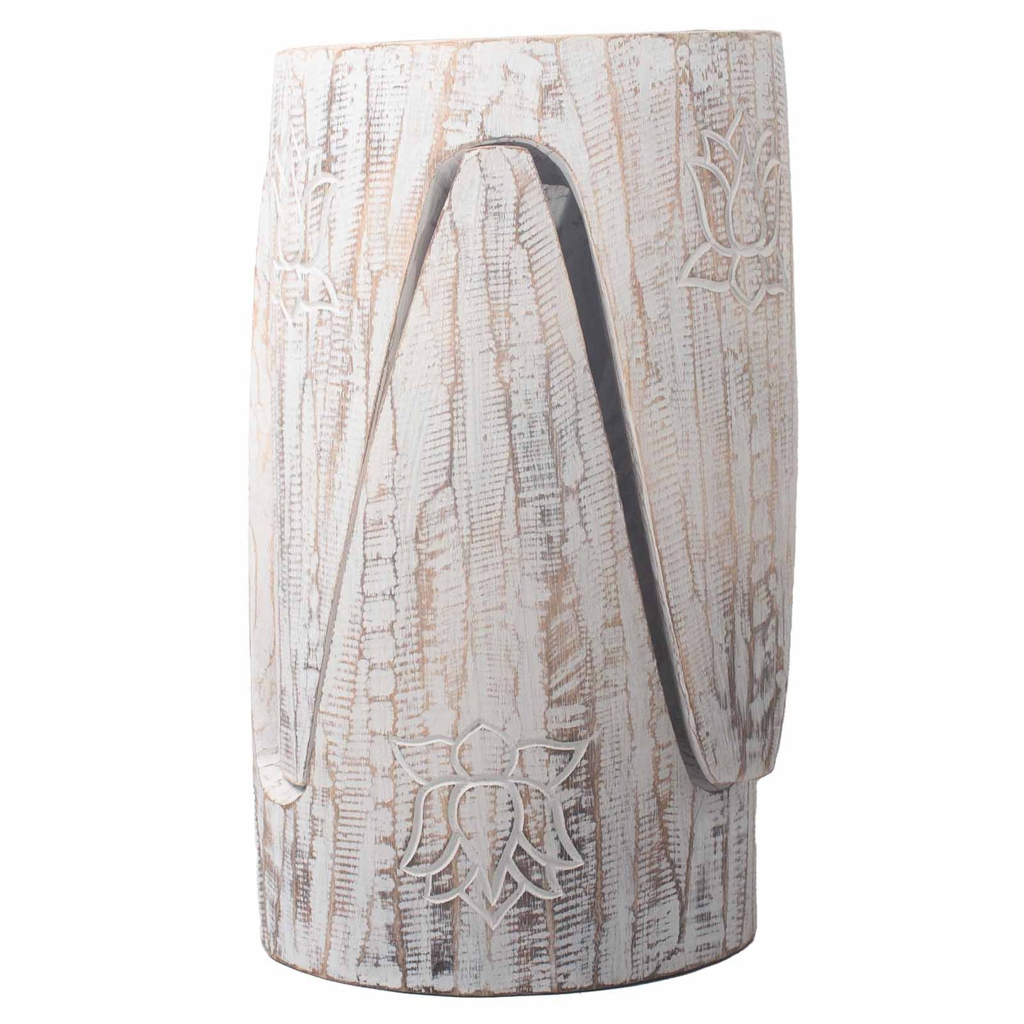 Set of 2 x Handmade Albasia Wooden Interlocking Tribal Tables / Stools - Whitewash product packaging on clean background from Quintessential Holistic Health Ltd