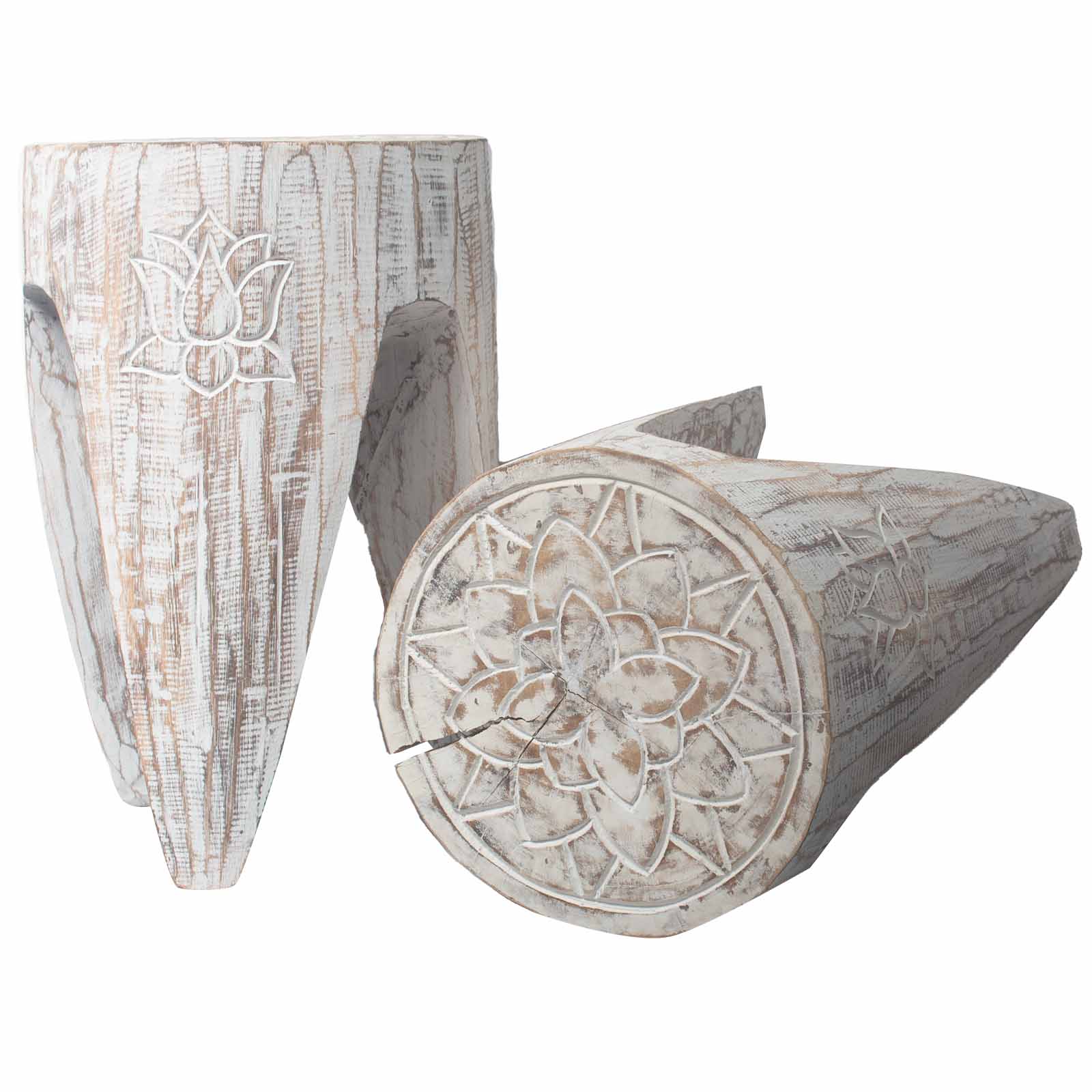 Set of 2 x Handmade Albasia Wooden Interlocking Tribal Tables / Stools - Whitewash product packaging on clean background from Quintessential Holistic Health Ltd