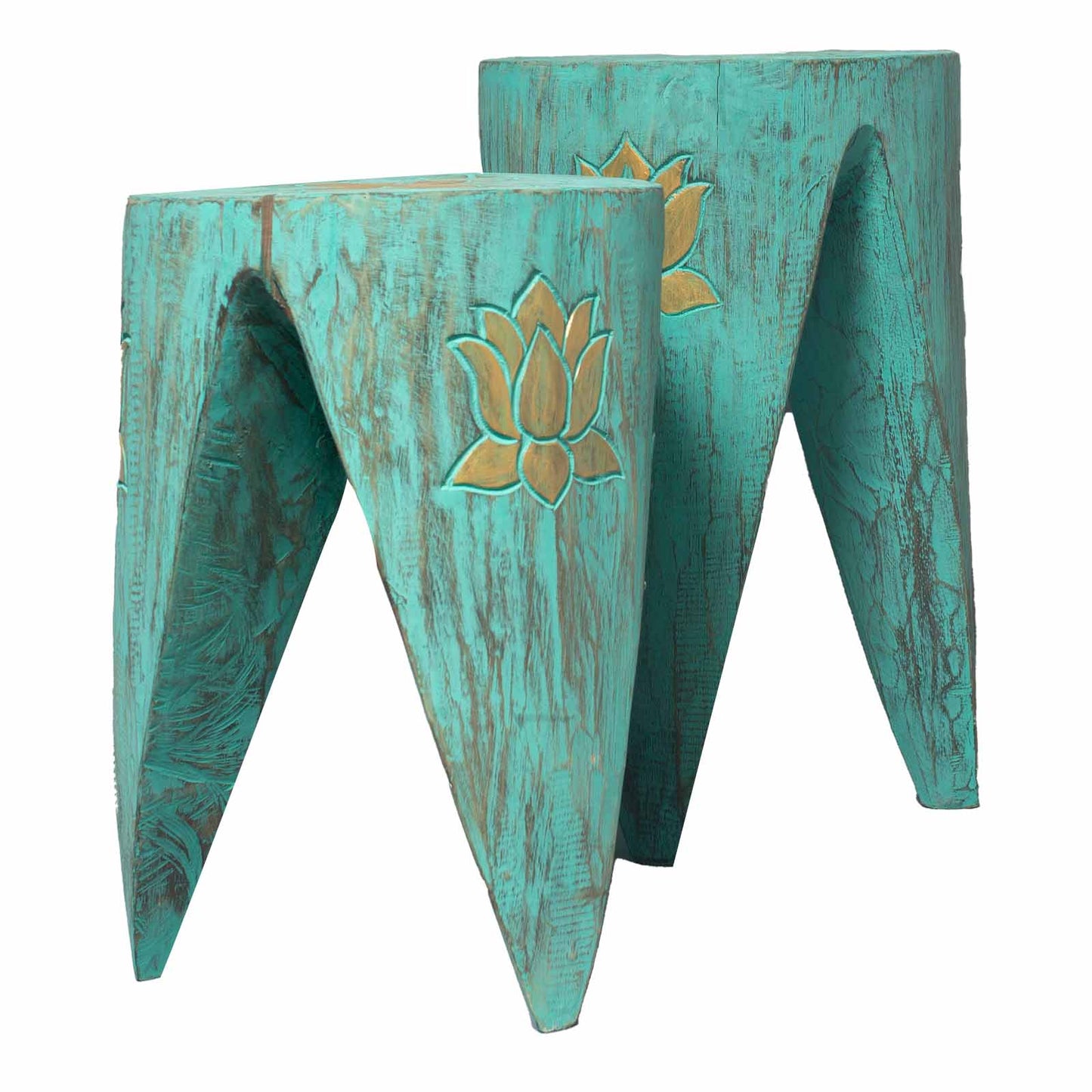 Set of 2 x Handmade Albasia Wooden Interlocking Tribal Tables / Stools - Turquoise product packaging on clean background from Quintessential Holistic Health Ltd