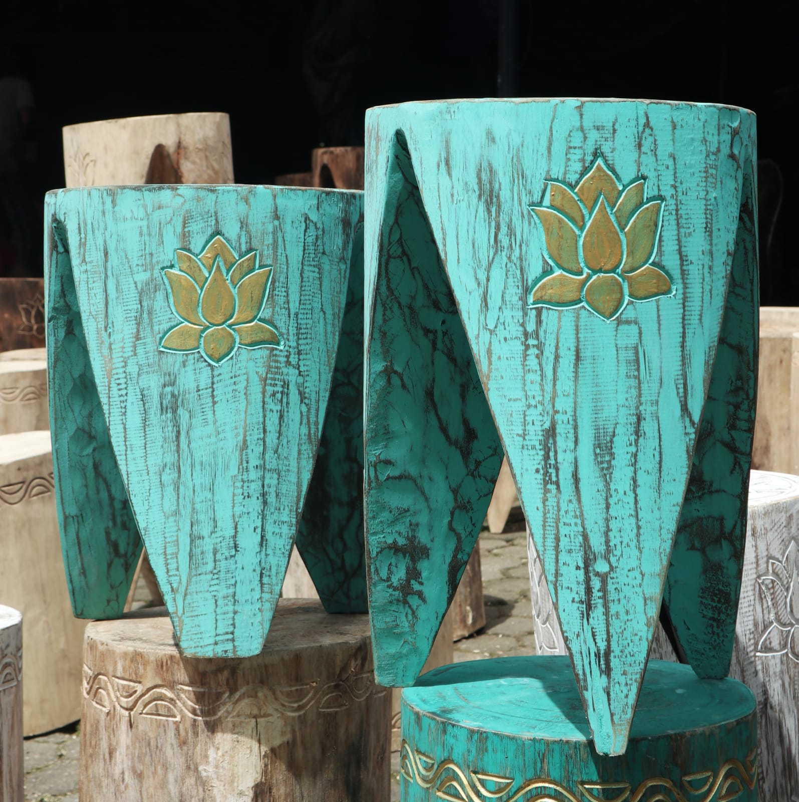 Set of 2 x Handmade Albasia Wooden Interlocking Tribal Tables / Stools - Turquoise product packaging on clean background from Quintessential Holistic Health Ltd