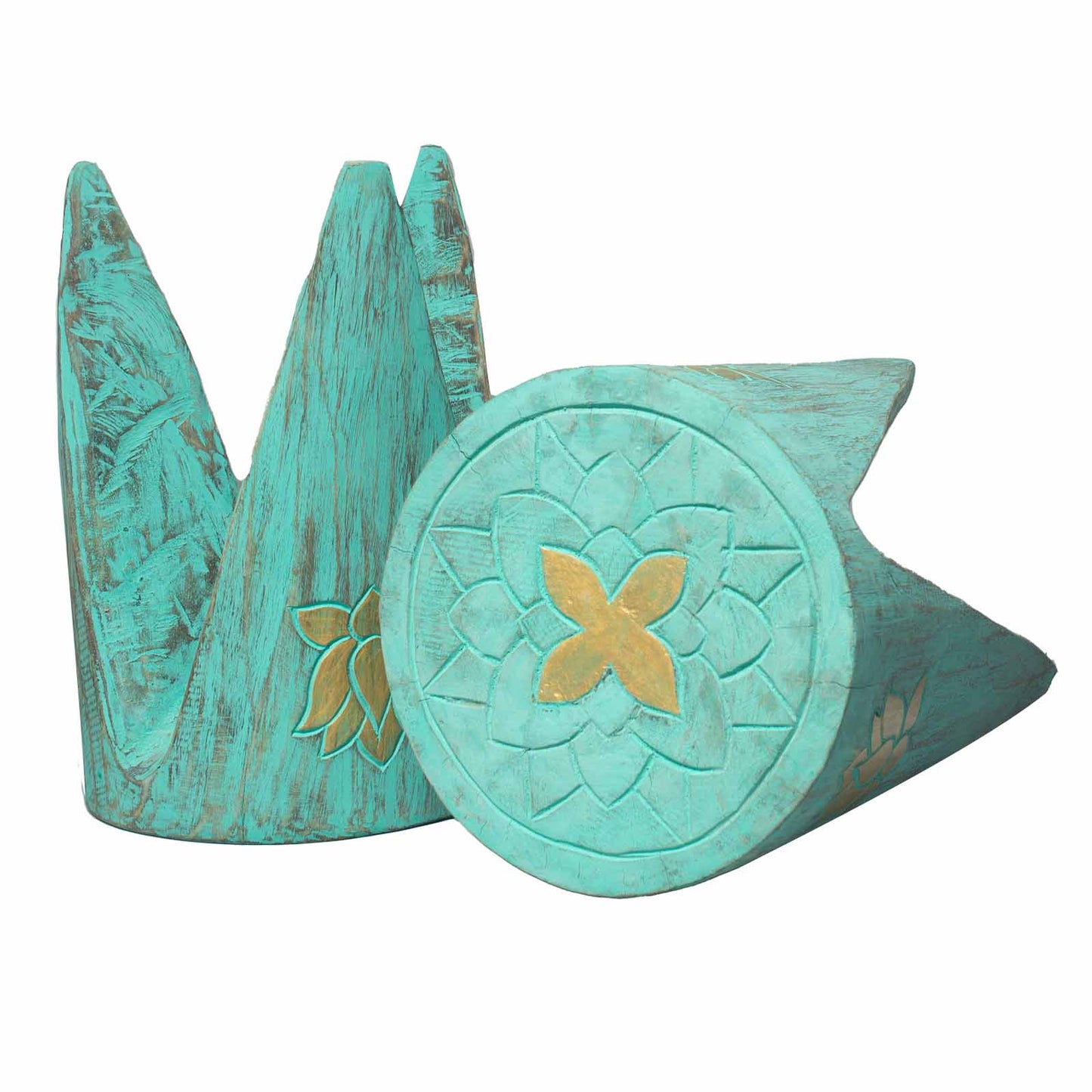 Set of 2 x Handmade Albasia Wooden Interlocking Tribal Tables / Stools - Turquoise product packaging on clean background from Quintessential Holistic Health Ltd