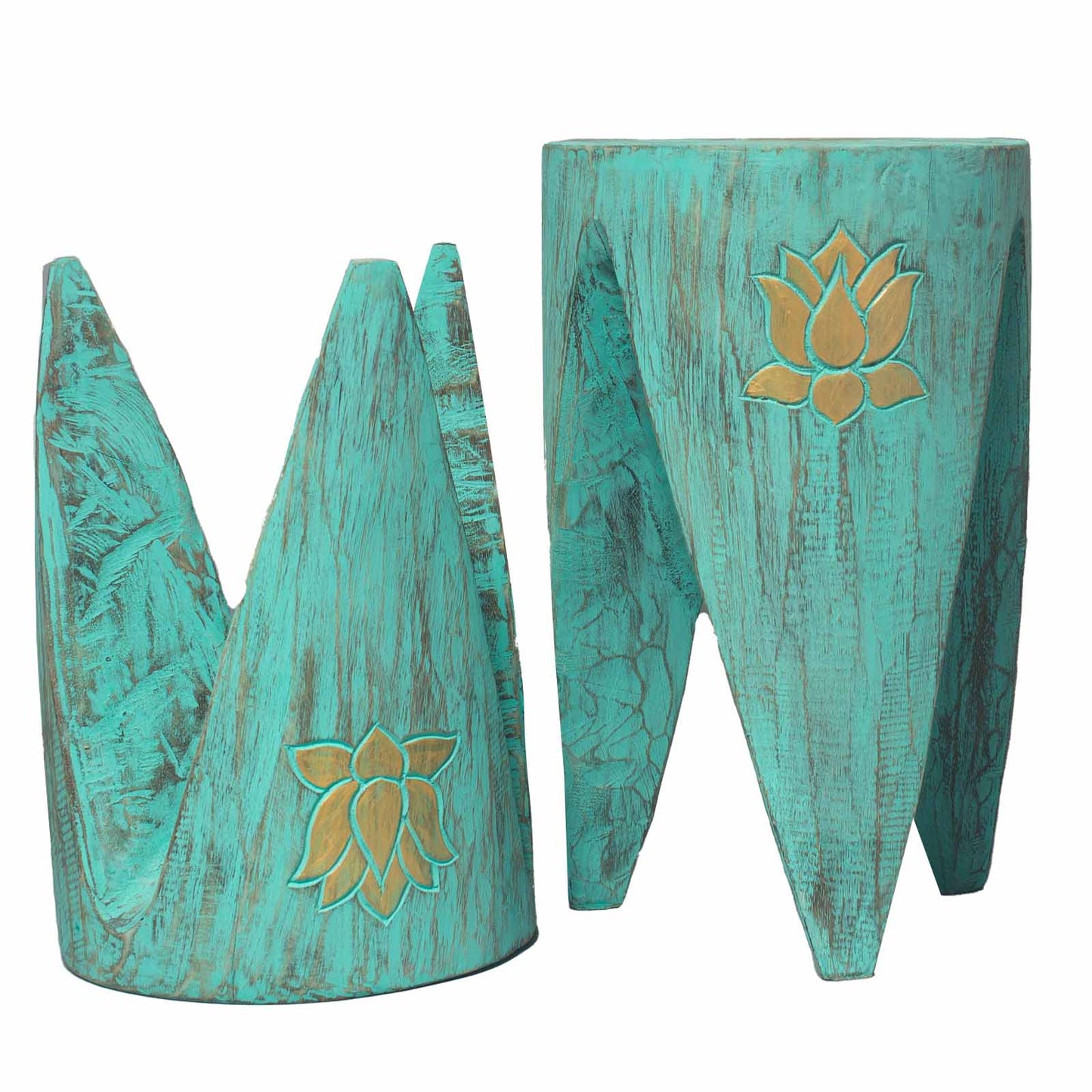 Set of 2 x Handmade Albasia Wooden Interlocking Tribal Tables / Stools - Turquoise product packaging on clean background from Quintessential Holistic Health Ltd