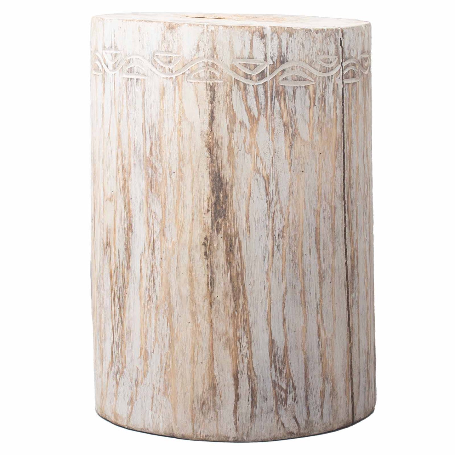 Handmade Albasia Wooden Tribal Table / Stool - Whitewash product packaging on clean background from Quintessential Holistic Health Ltd