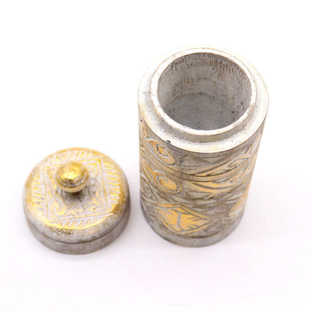 Tall Embossed Canvas-on-Wood Storage Container - White and Gold, open cylindrical container beside its round patterned lid by Quintessential Holistic Health Ltd